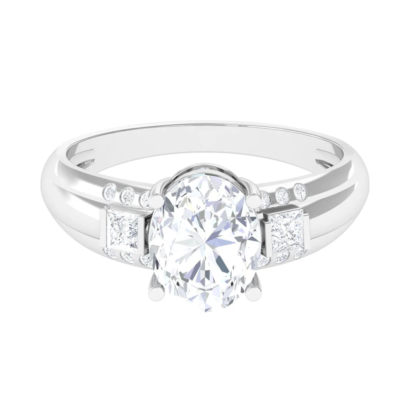 Oval Cut Moissanite Solitaire Statement Engagement Ring with Accent