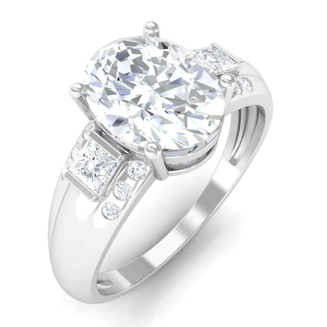 Oval Cut Moissanite Solitaire Statement Engagement Ring with Accent