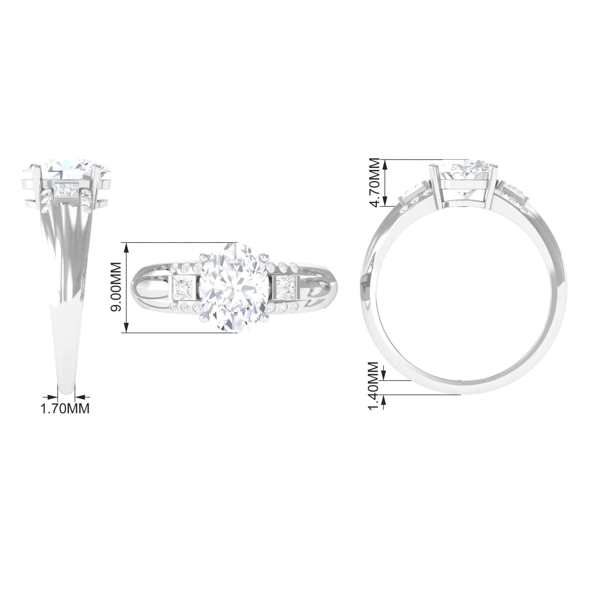 Oval Cut Moissanite Solitaire Statement Engagement Ring with Accent