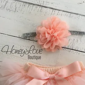 Peach fluffy flower headband - SILVER/GOLD glitter elastic