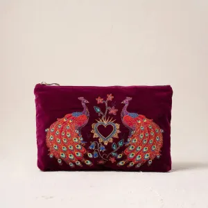 Peacock Floral Ruby Velvet Everyday Pouch