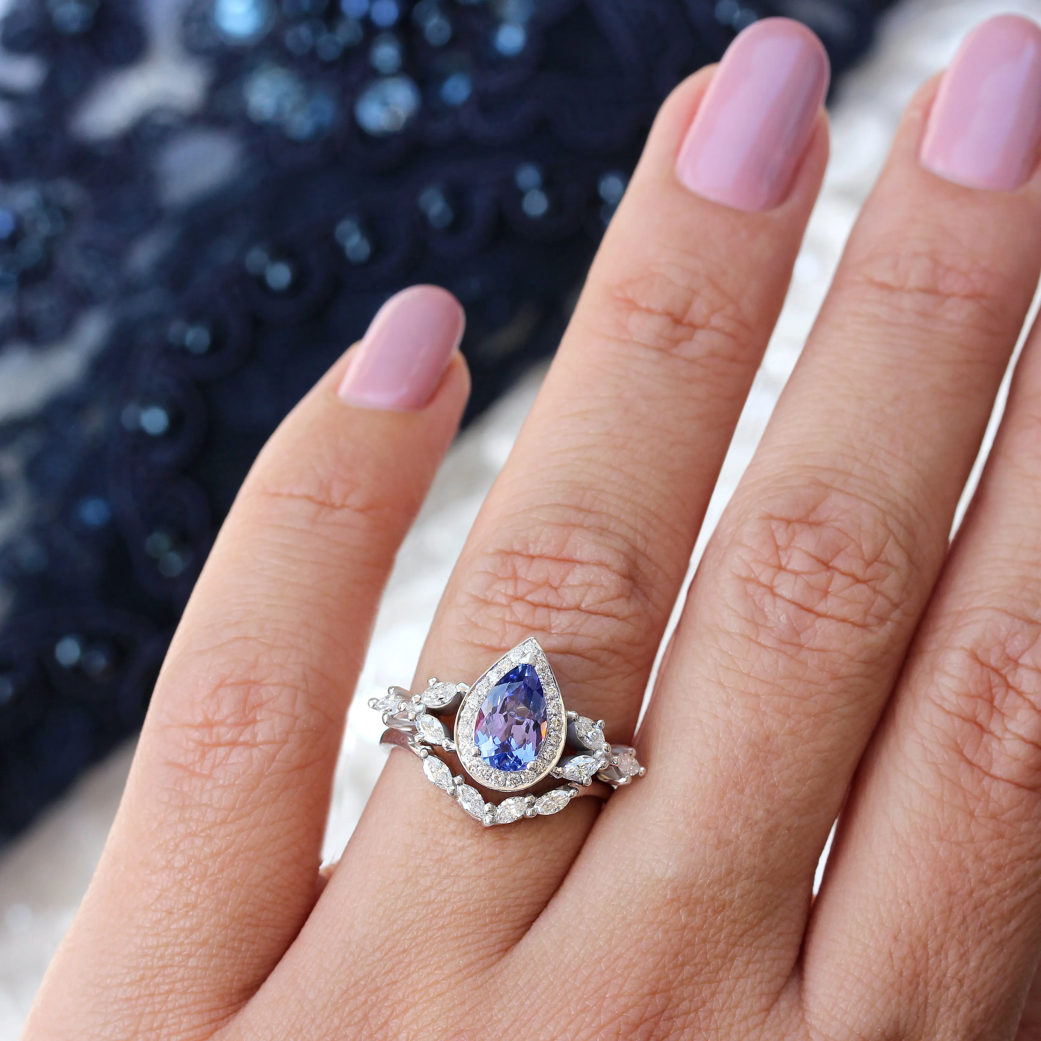 Pear Tanzanite & Diamonds Unique Engagement Ring Set - "Muse" ♥