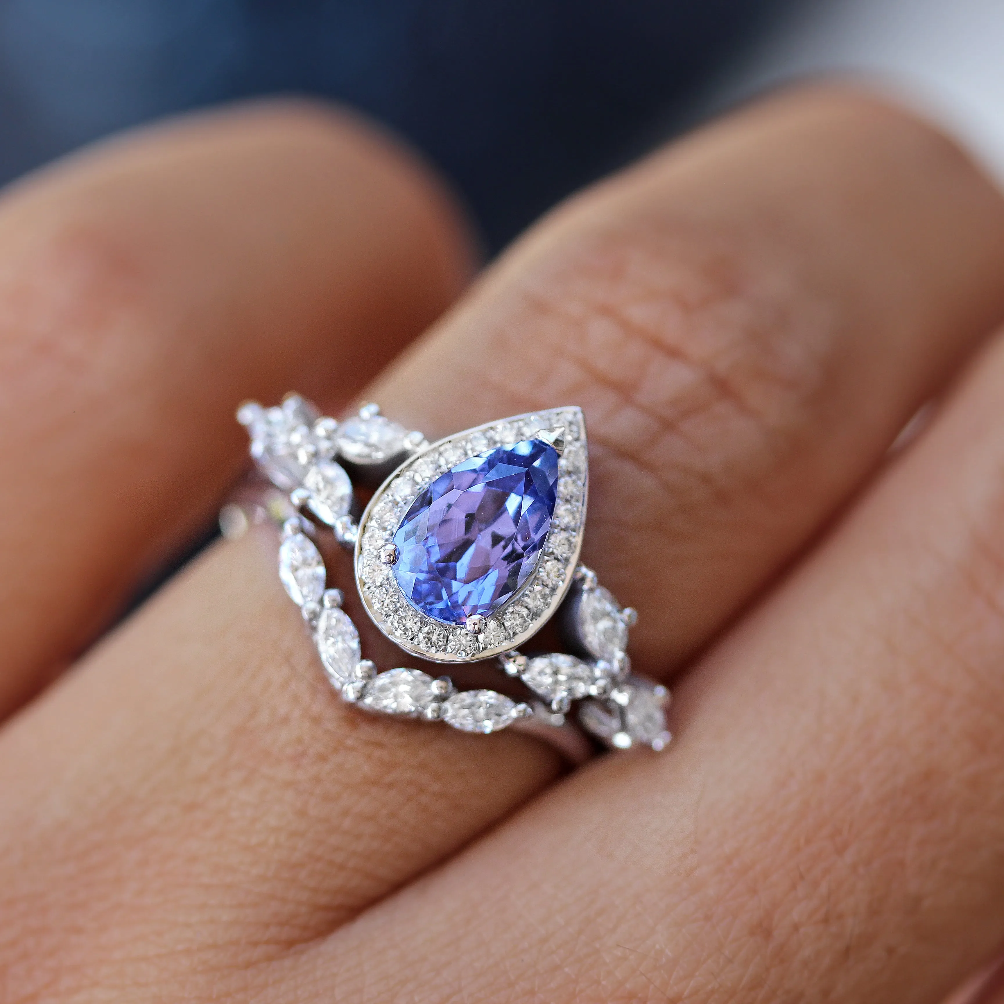 Pear Tanzanite & Diamonds Unique Engagement Ring Set - "Muse" ♥