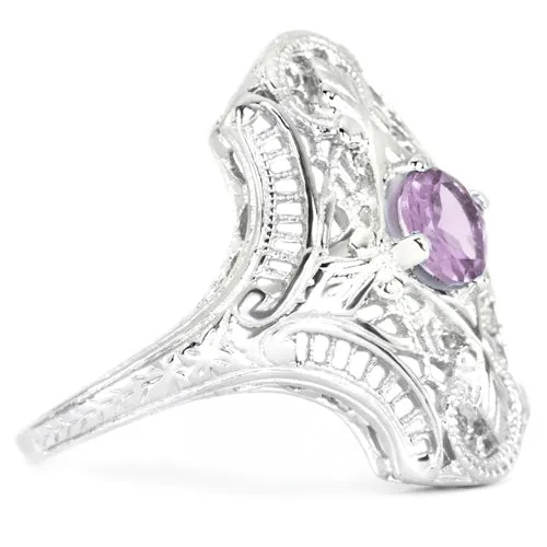 PINK AMETHYST STERLING SILVER VINTAGE STYLE COCKTAIL RING ART DECO FILIGREE GEM