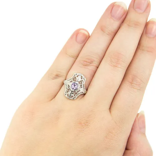 PINK AMETHYST STERLING SILVER VINTAGE STYLE COCKTAIL RING ART DECO FILIGREE GEM