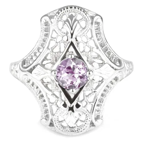 PINK AMETHYST STERLING SILVER VINTAGE STYLE COCKTAIL RING ART DECO FILIGREE GEM