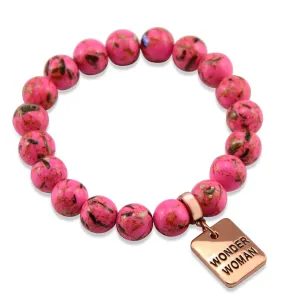 PINK COLLECTION - Hot Pink Synthesis 10mm Bead Bracelet  -  Rose Gold Word Charms