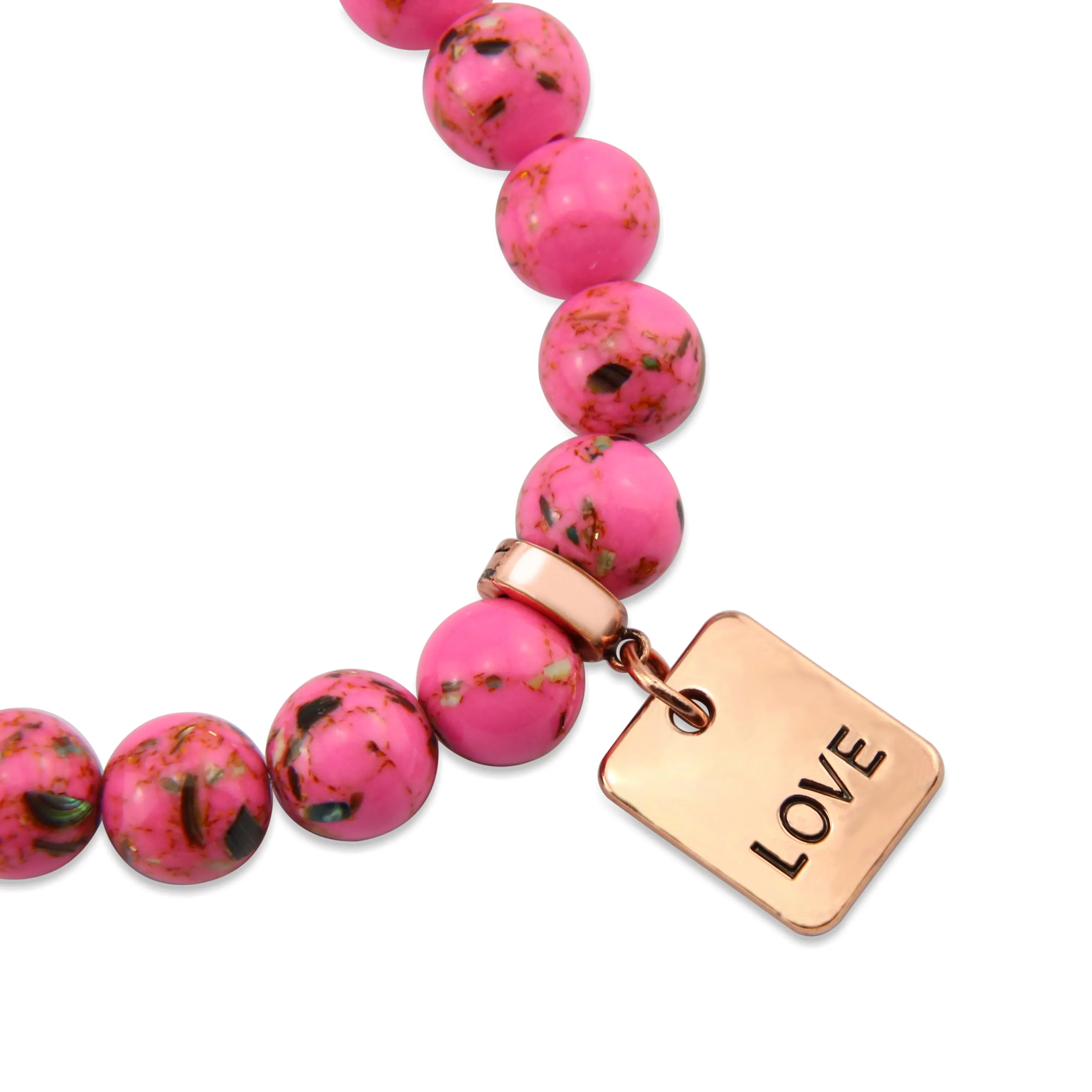 PINK COLLECTION - Hot Pink Synthesis 10mm Bead Bracelet  -  Rose Gold Word Charms