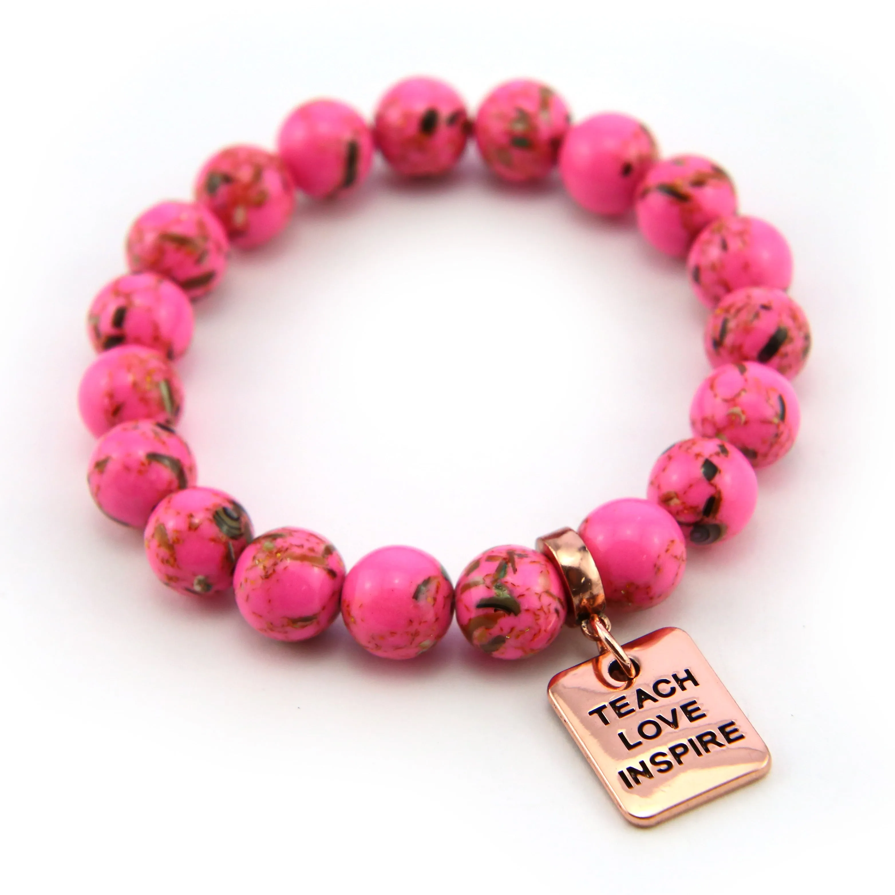 PINK COLLECTION - Hot Pink Synthesis 10mm Bead Bracelet  -  Rose Gold Word Charms