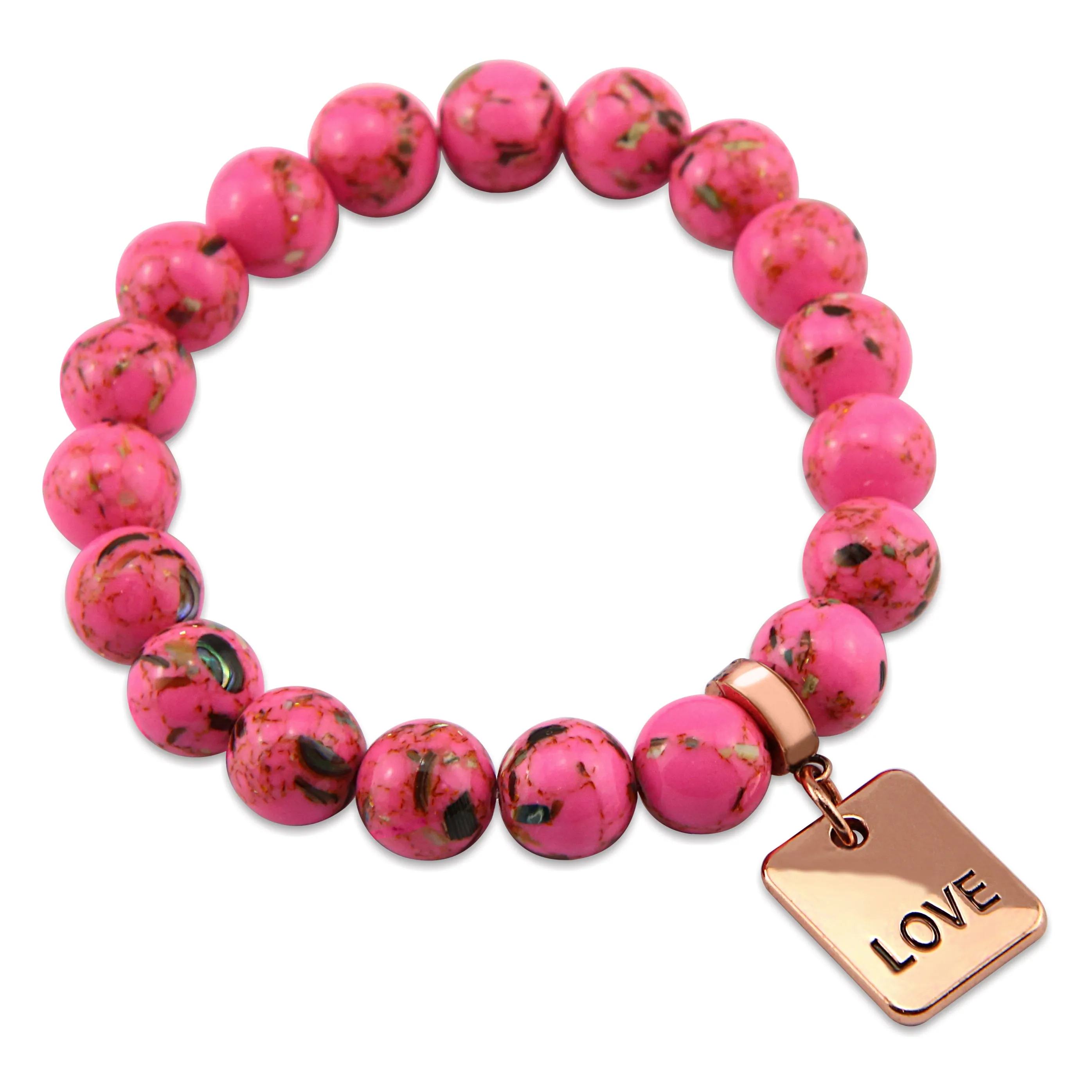 PINK COLLECTION - Hot Pink Synthesis 10mm Bead Bracelet  -  Rose Gold Word Charms