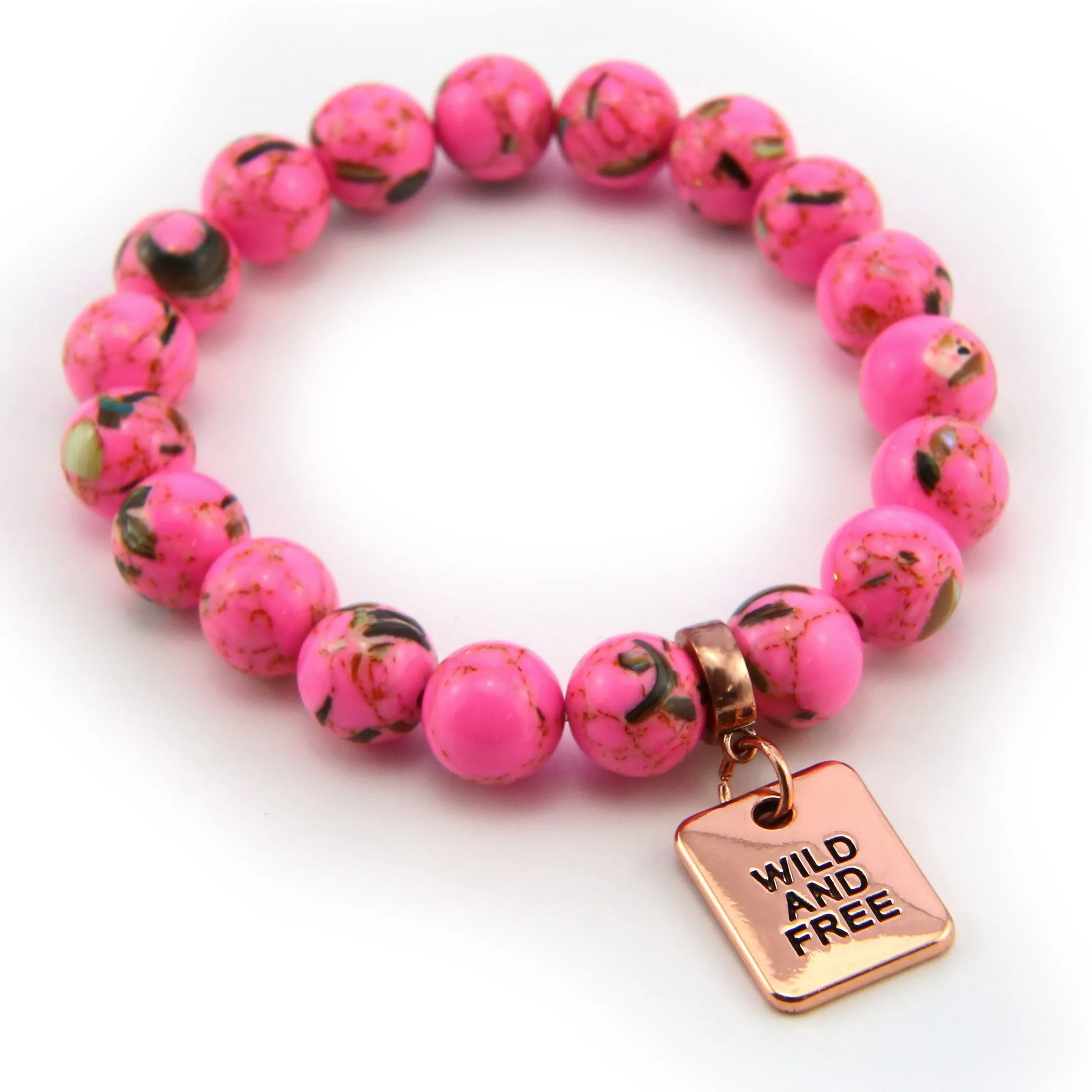 PINK COLLECTION - Hot Pink Synthesis 10mm Bead Bracelet  -  Rose Gold Word Charms