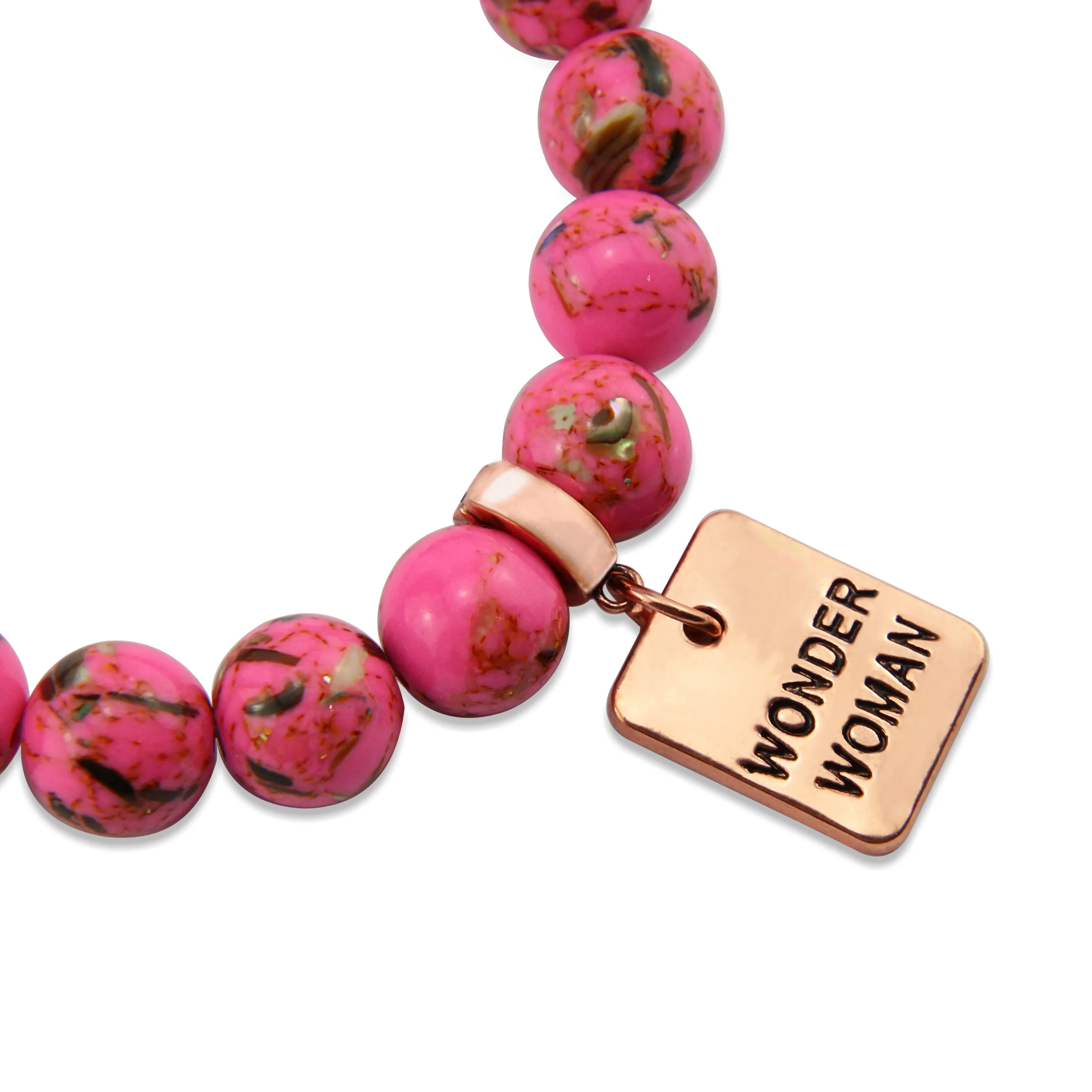 PINK COLLECTION - Hot Pink Synthesis 10mm Bead Bracelet  -  Rose Gold Word Charms