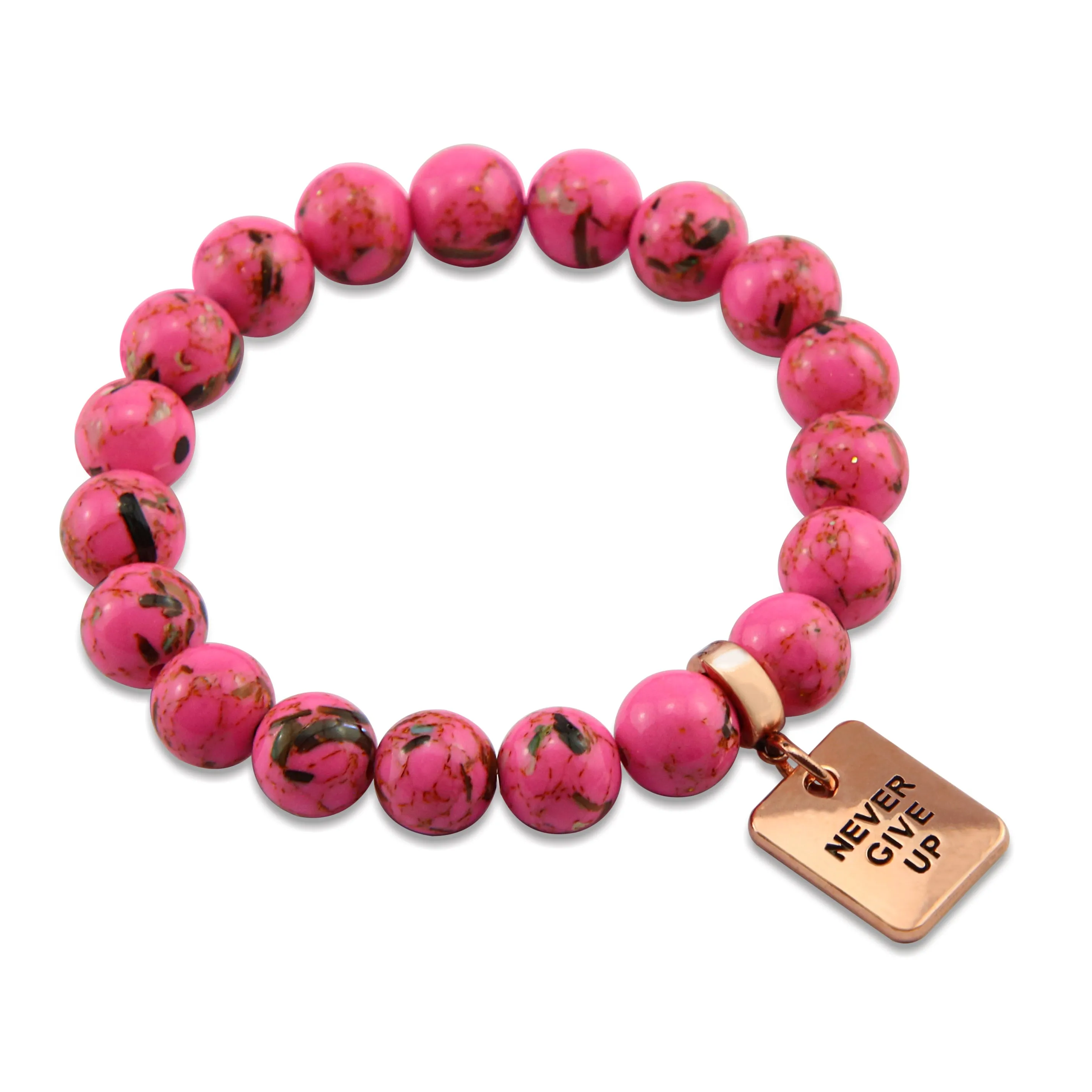 PINK COLLECTION - Hot Pink Synthesis 10mm Bead Bracelet  -  Rose Gold Word Charms