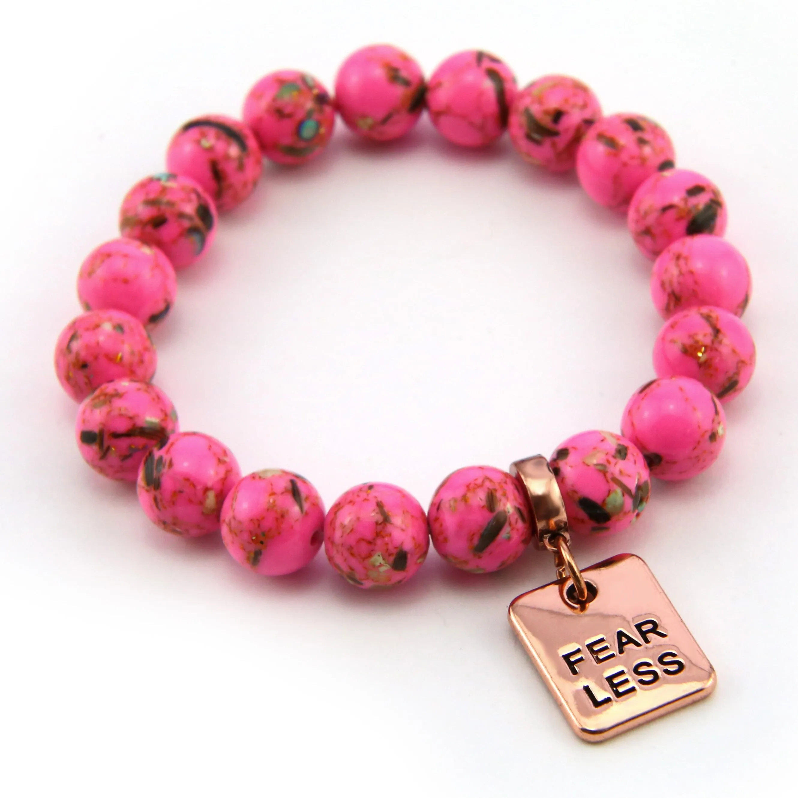 PINK COLLECTION - Hot Pink Synthesis 10mm Bead Bracelet  -  Rose Gold Word Charms