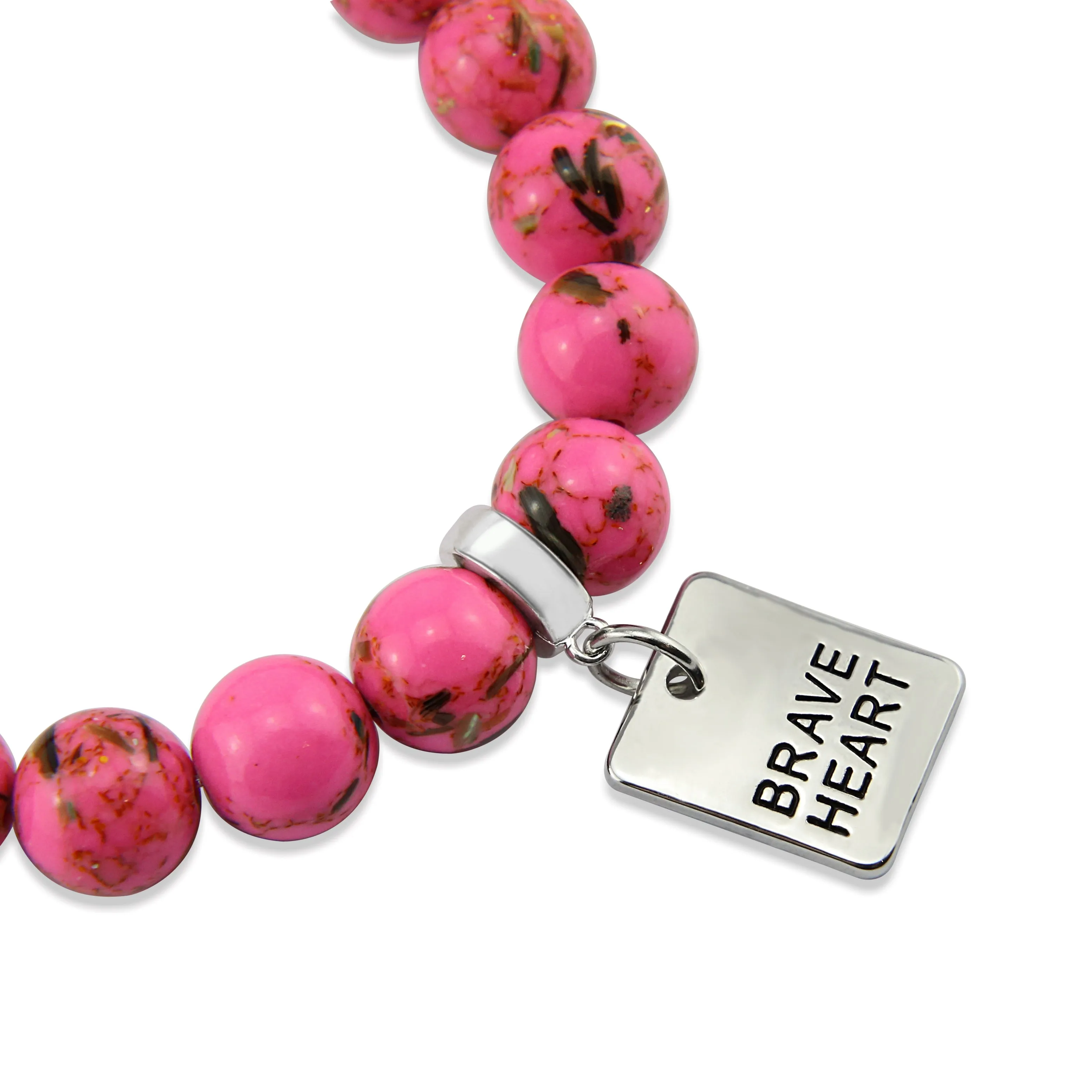 PINK COLLECTION - Hot Pink Synthesis 10mm Bead Bracelet  -  Silver Word Charms