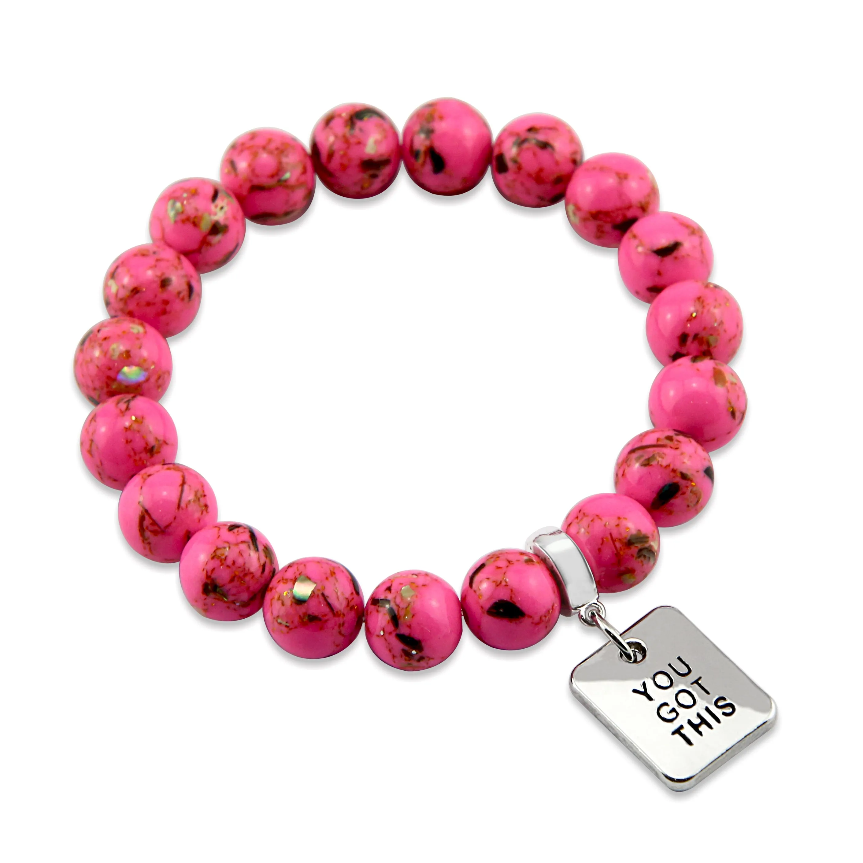 PINK COLLECTION - Hot Pink Synthesis 10mm Bead Bracelet  -  Silver Word Charms