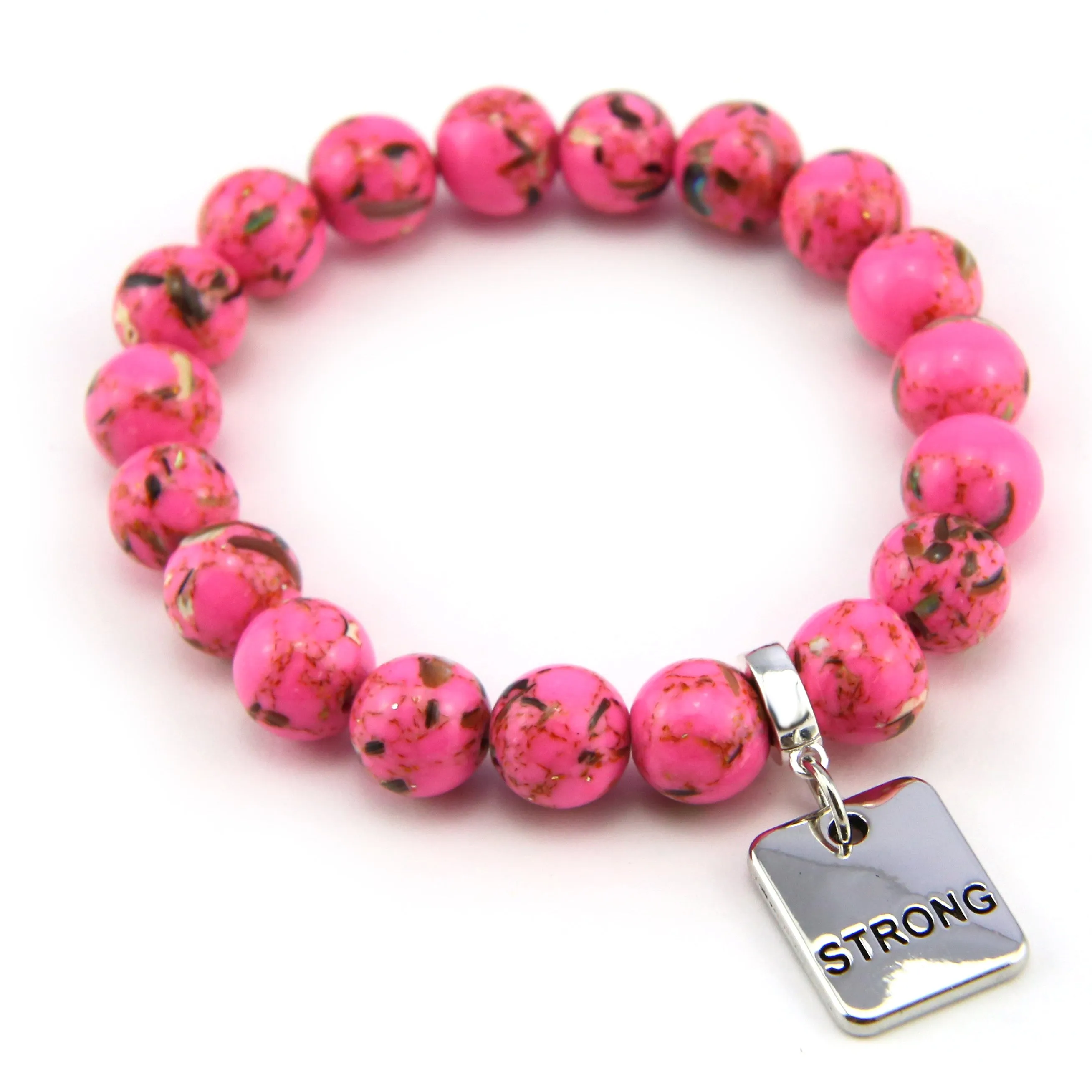 PINK COLLECTION - Hot Pink Synthesis 10mm Bead Bracelet  -  Silver Word Charms