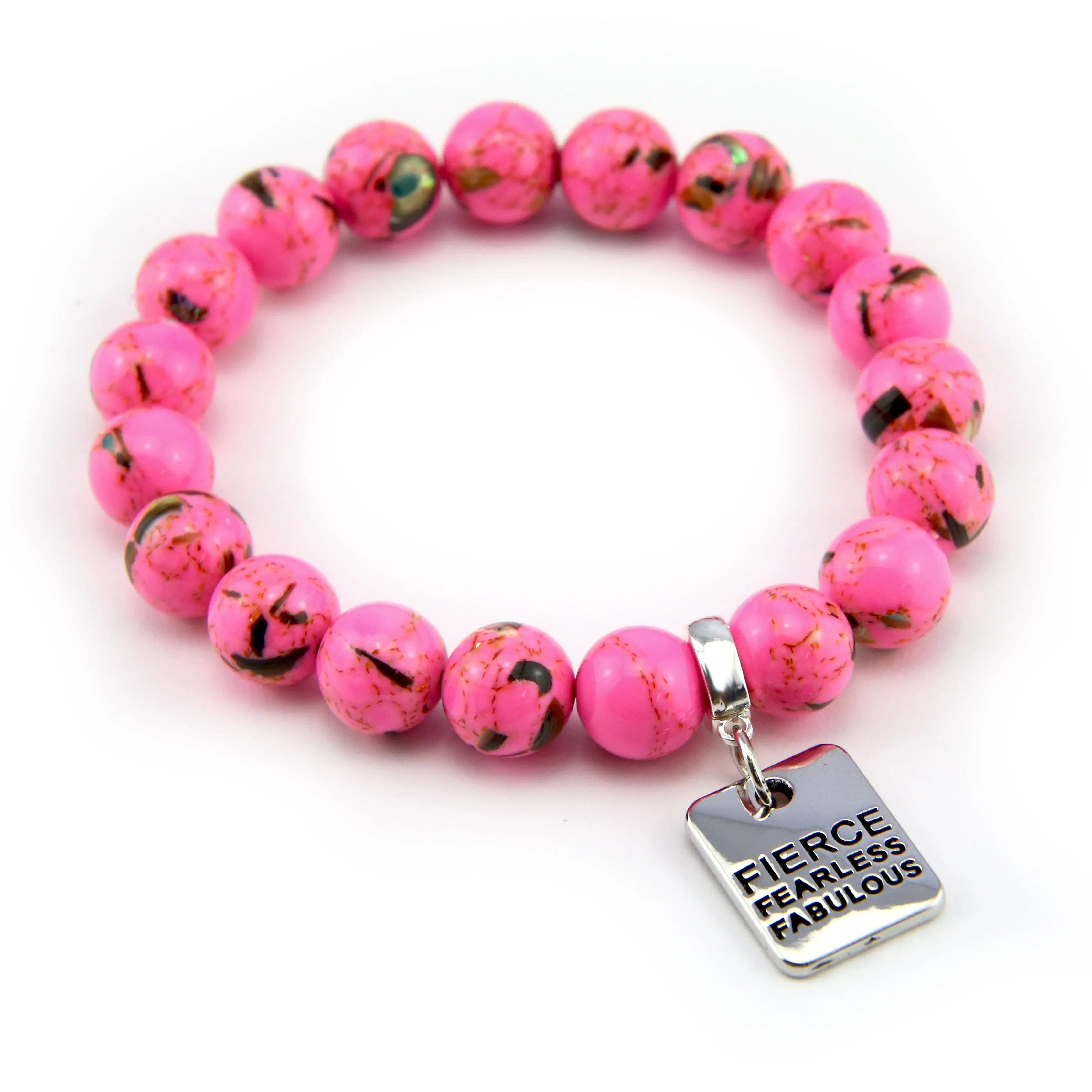 PINK COLLECTION - Hot Pink Synthesis 10mm Bead Bracelet  -  Silver Word Charms