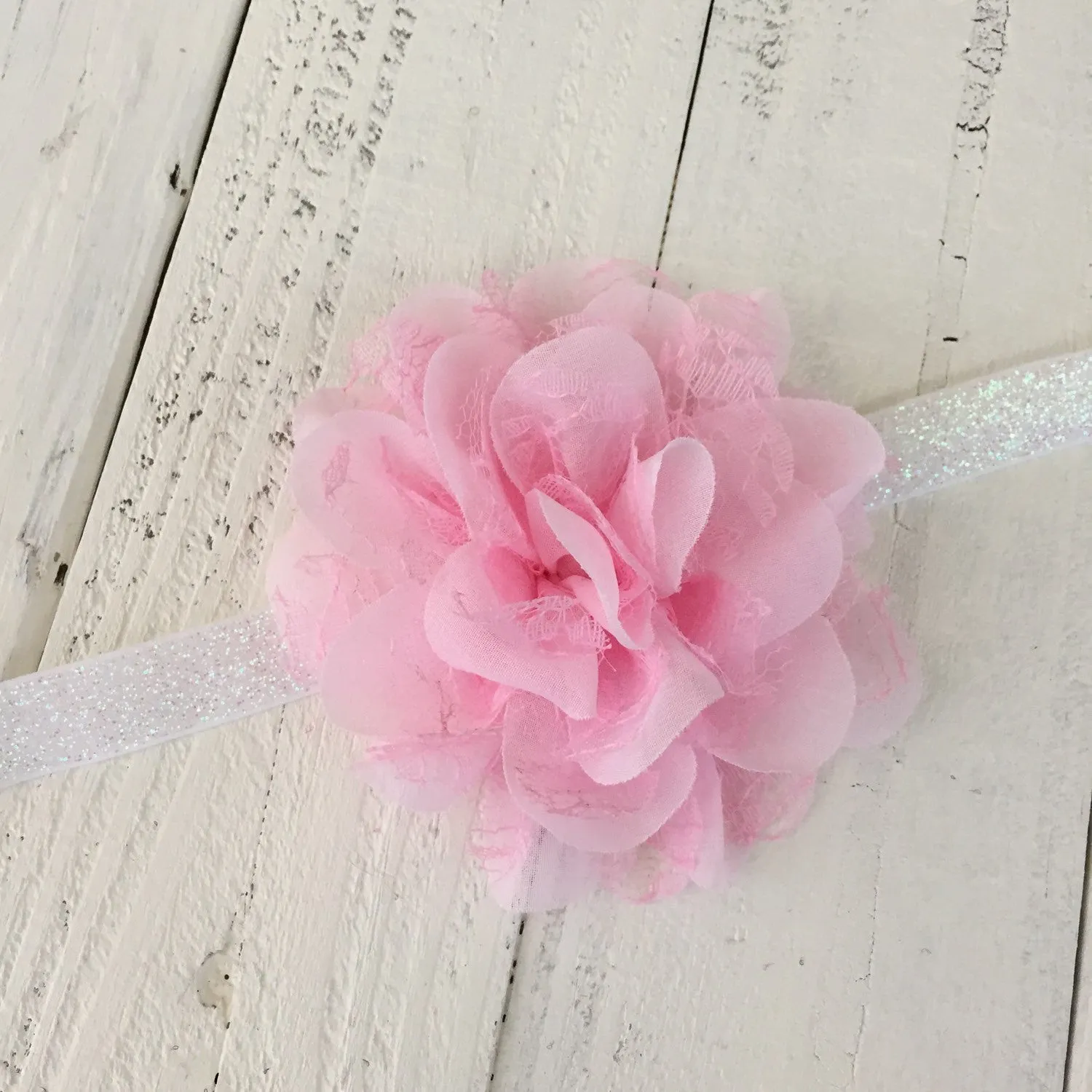 Pink Lace and Chiffon Layered Flower on Gold, Silver or White Glitter headband