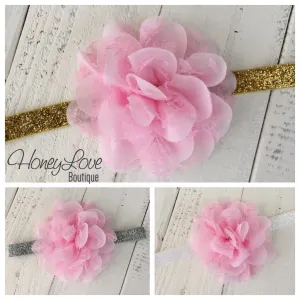 Pink Lace and Chiffon Layered Flower on Gold, Silver or White Glitter headband