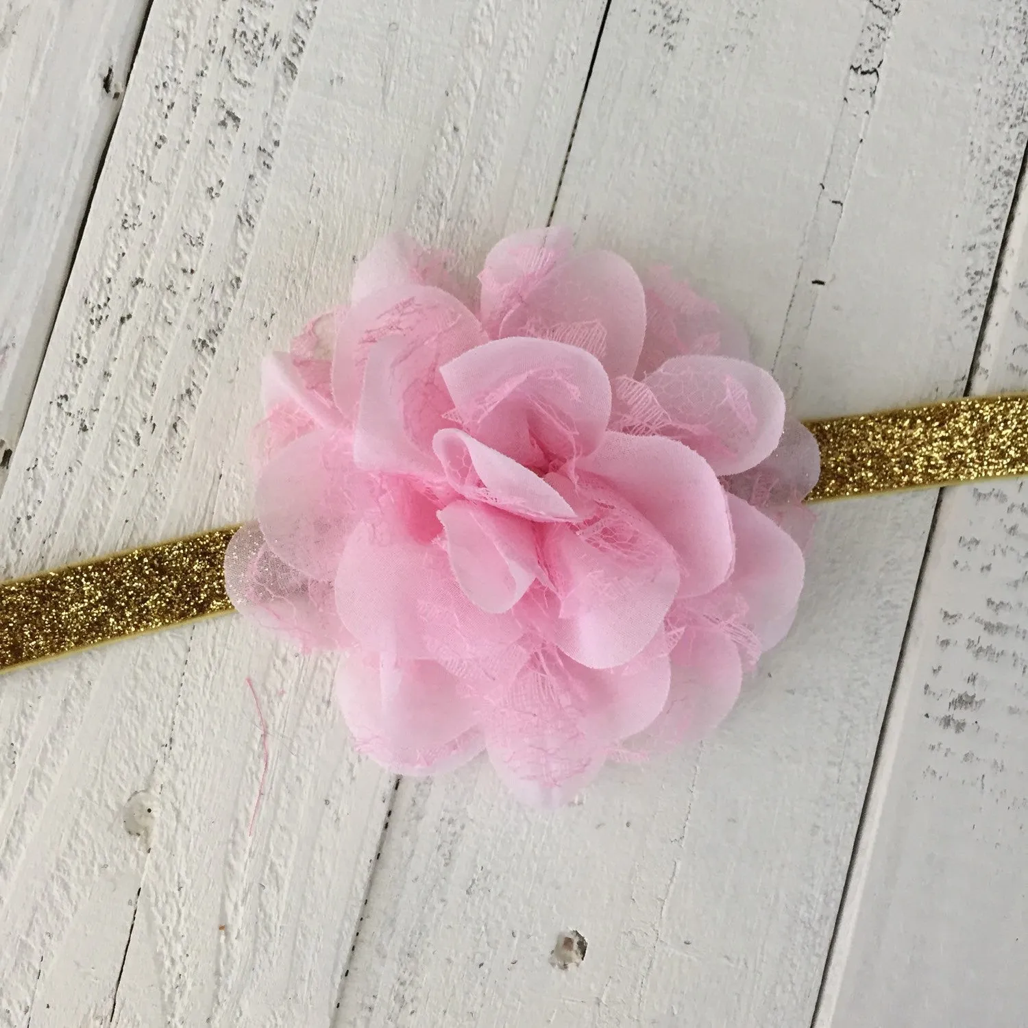 Pink Lace and Chiffon Layered Flower on Gold, Silver or White Glitter headband