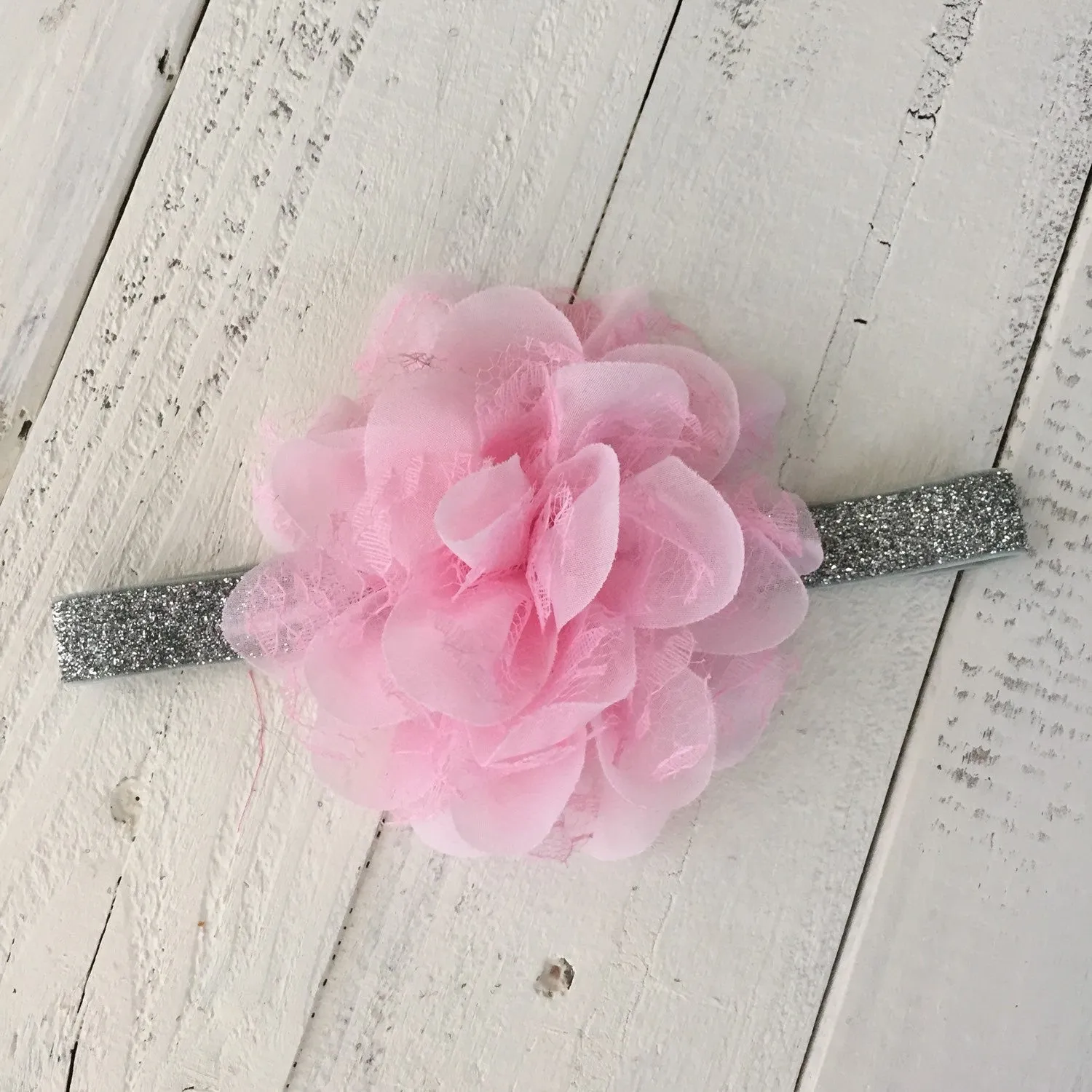 Pink Lace and Chiffon Layered Flower on Gold, Silver or White Glitter headband