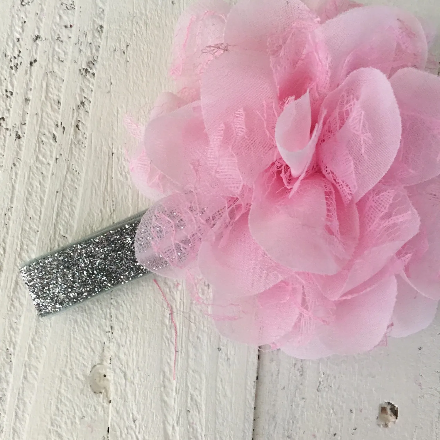 Pink Lace and Chiffon Layered Flower on Gold, Silver or White Glitter headband