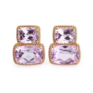 Pink Topaz Gold Rope Twist Border Cushion Earrings - medium size