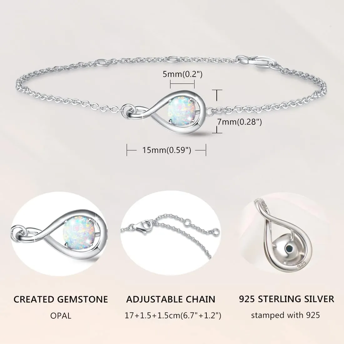 "Infinite Embrace" October Birthstone Opal Stone Infinity Symbol Sterling Silver Bracelet