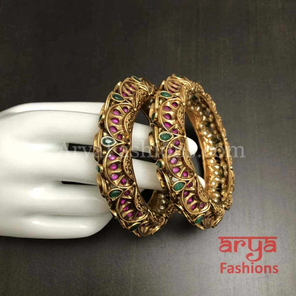 Rajwadi Kundan Ruby Emerald Bridal Bangles