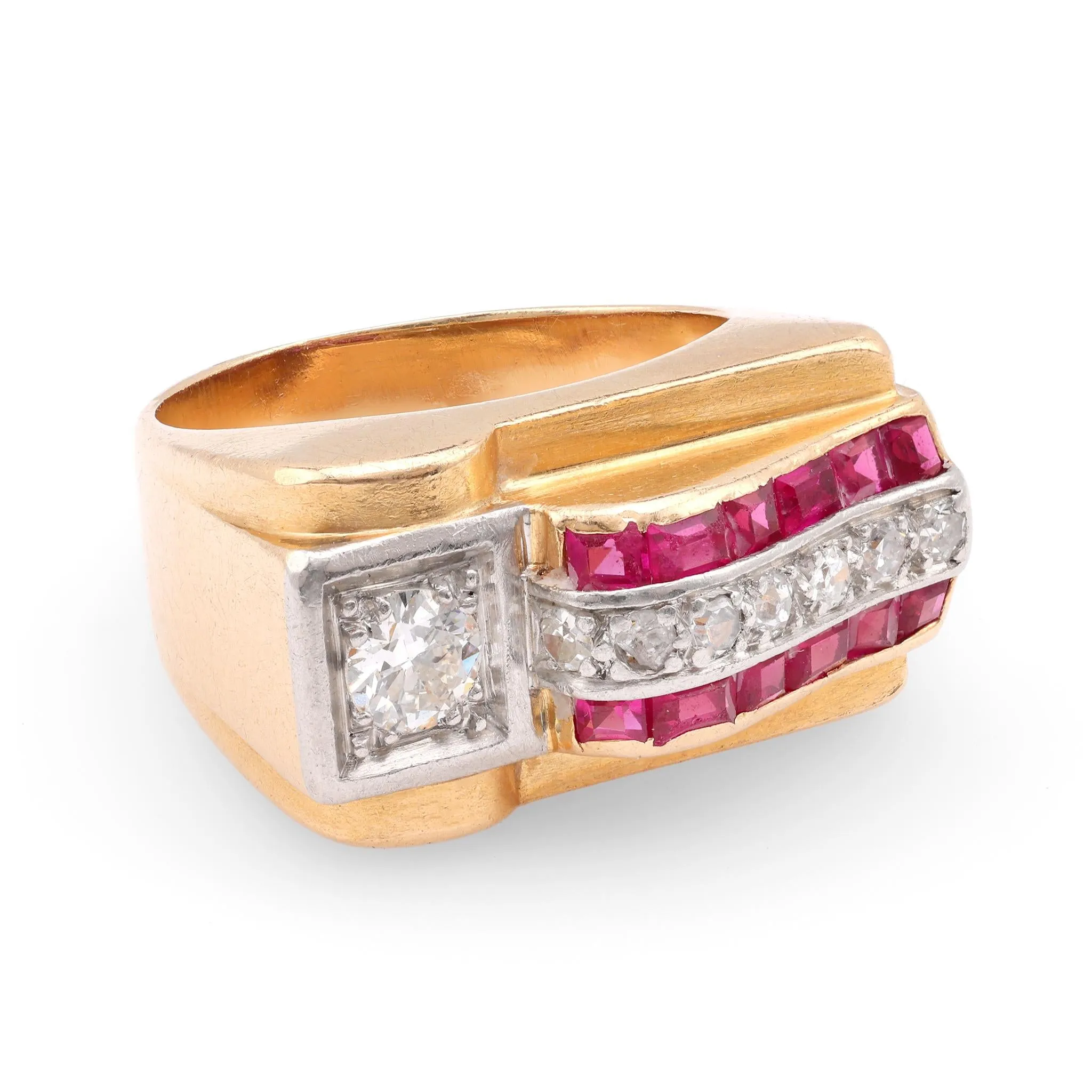 Retro French 0.25 Carat Old European Diamond and Ruby 18k Yellow Gold Tank Ring