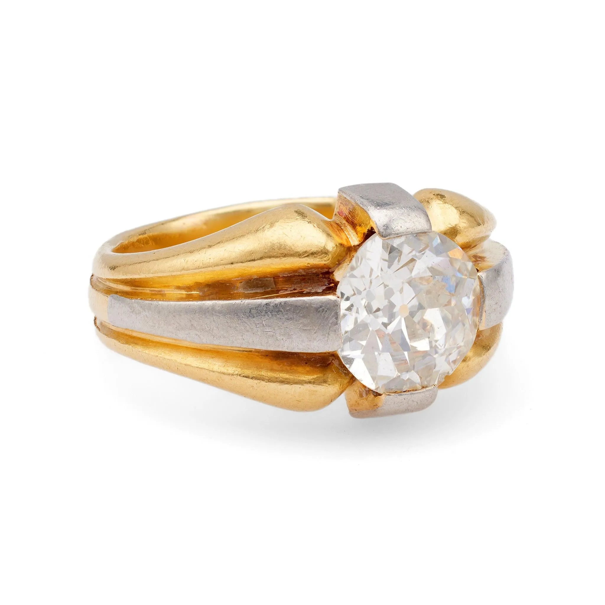 Retro French 2.00 Carat Old European Cut Diamond 18k Yellow Gold Platinum Solita