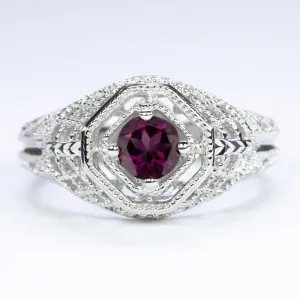 RHODOLITE GARNET STERLING SILVER RING VINTAGE STYLE SOLITAIRE FILIGREE ART DECO