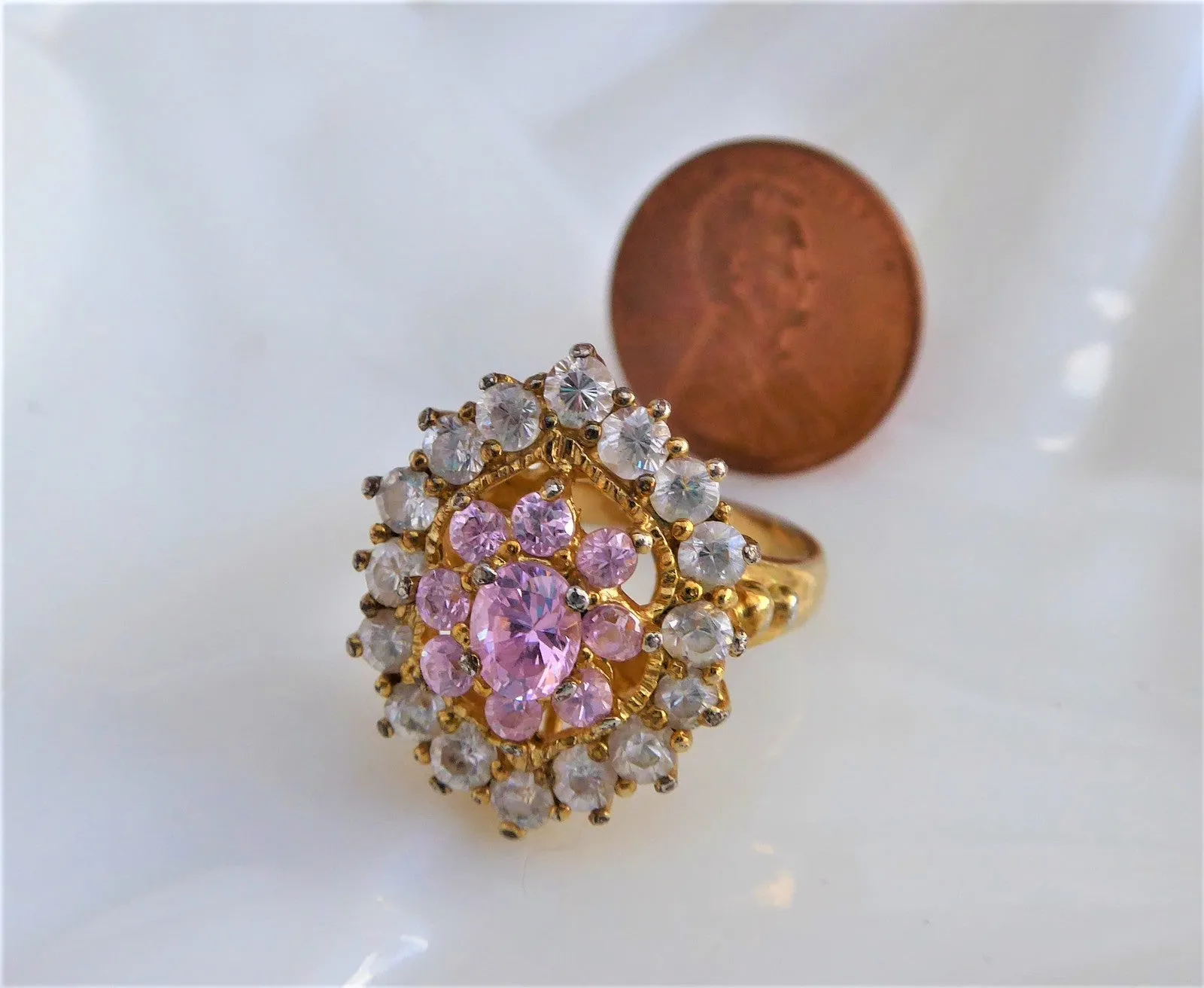 Ring Fancy Pink Cocktail Cluster Ring 925 CZ Crystal Dinner Ring Pink Gold