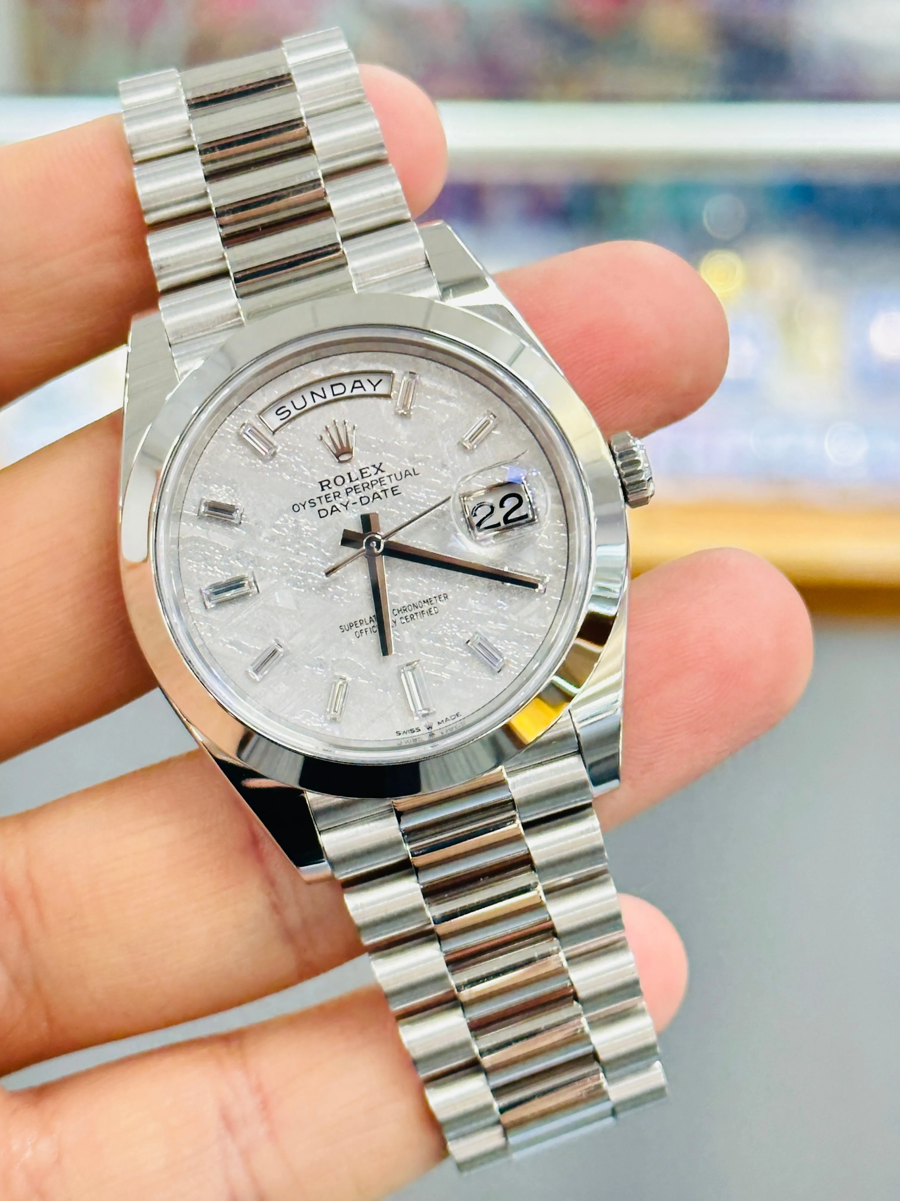 Rolex Day-Date 40 President 228206 Factory Baguette Diamond Meteorite Dial PreOwned