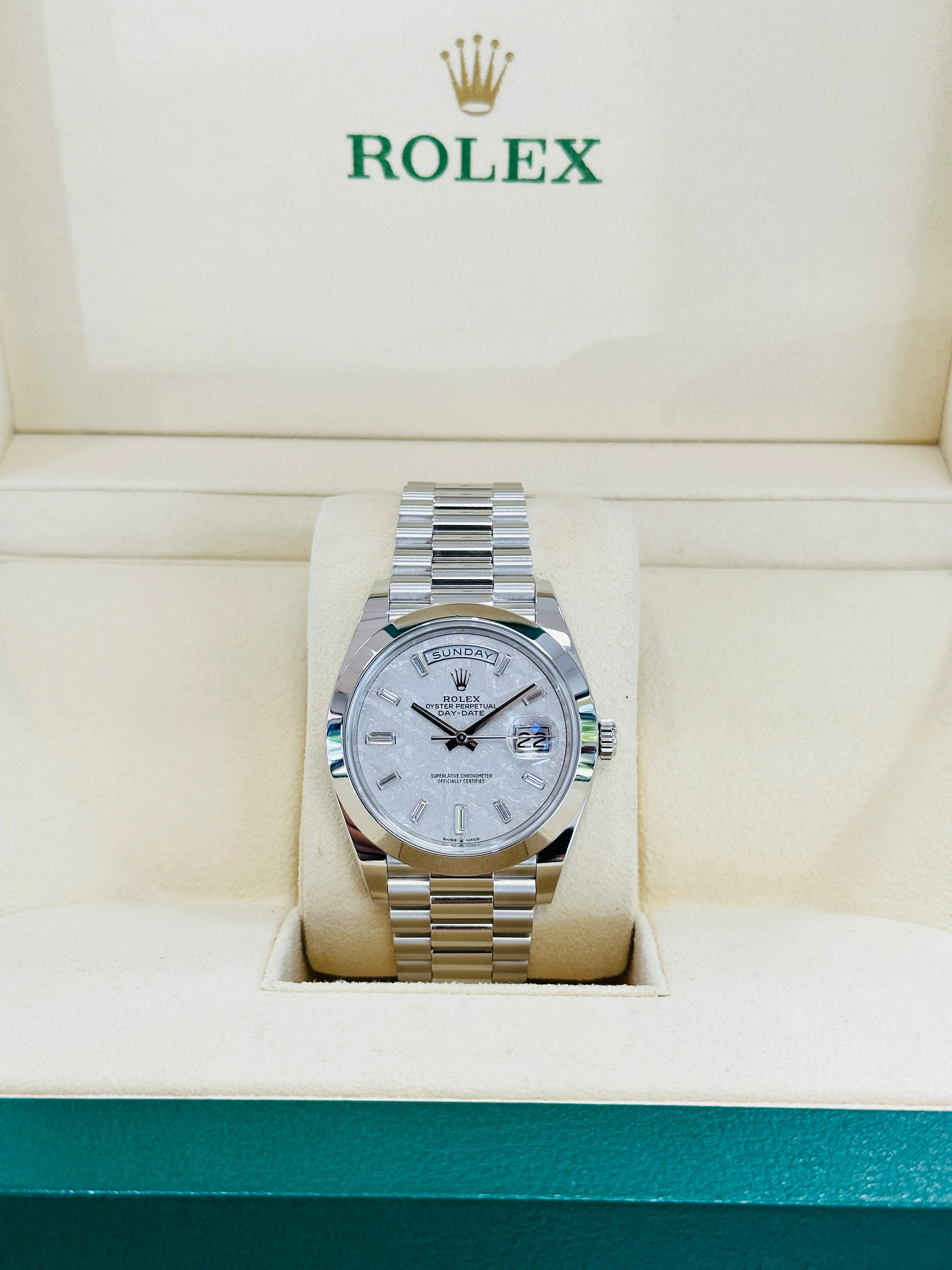 Rolex Day-Date 40 President 228206 Factory Baguette Diamond Meteorite Dial PreOwned