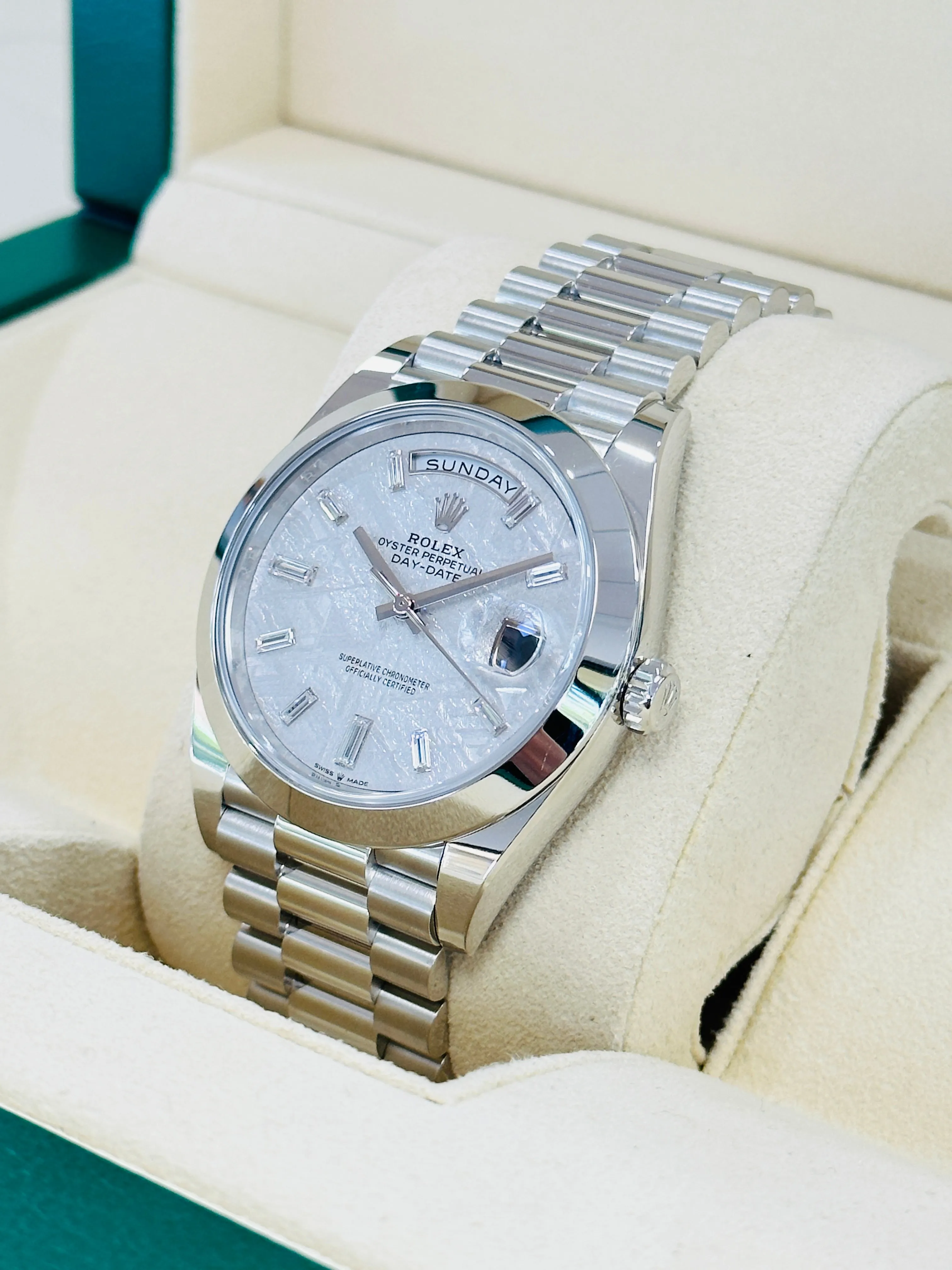 Rolex Day-Date 40 President 228206 Factory Baguette Diamond Meteorite Dial PreOwned