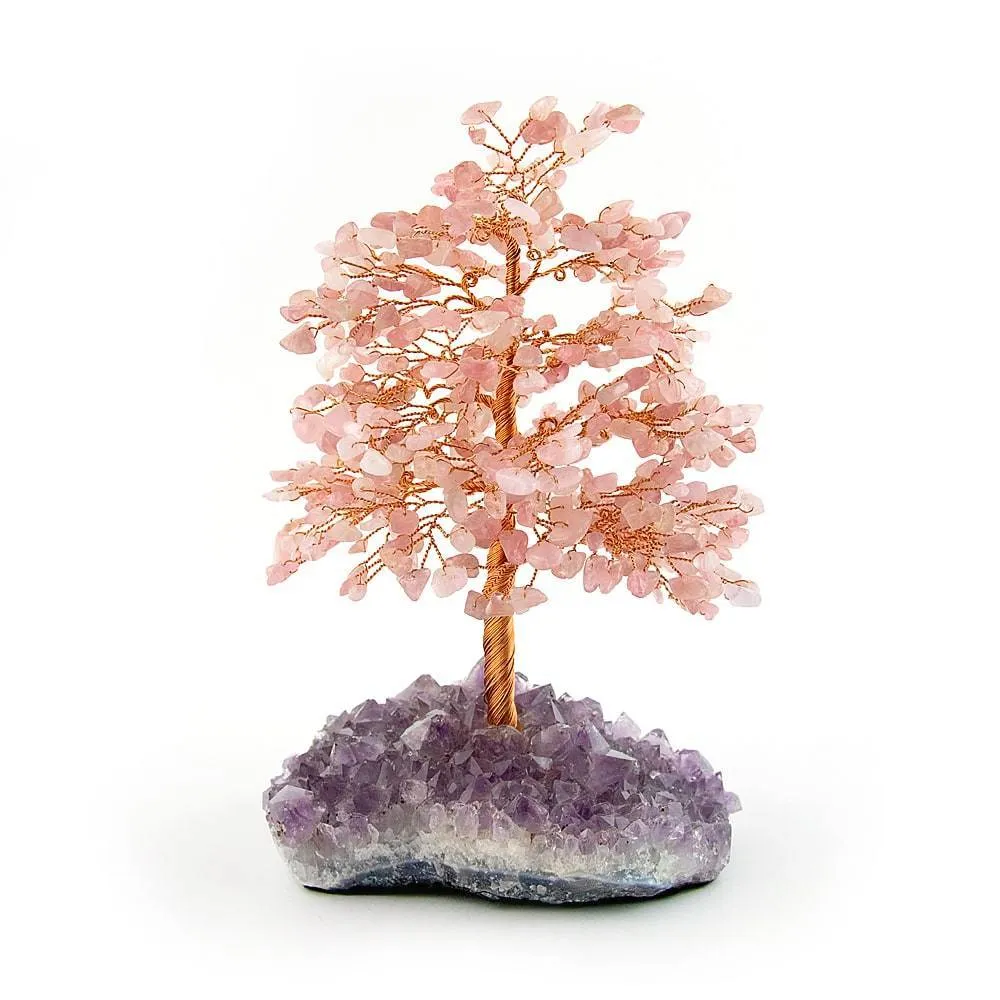 Rose Quartz Copper Tree On Amethyst Crystal Base