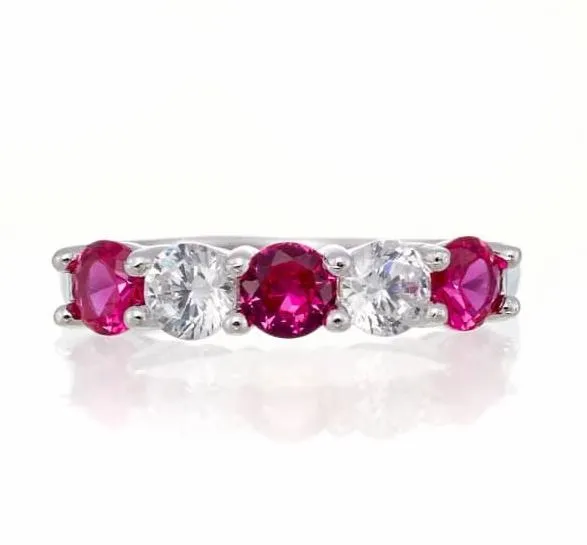 Round and Ruby Red Cubic Zirconia 5 Stone Anniversary Band - White Gold Plated Sterling Silver