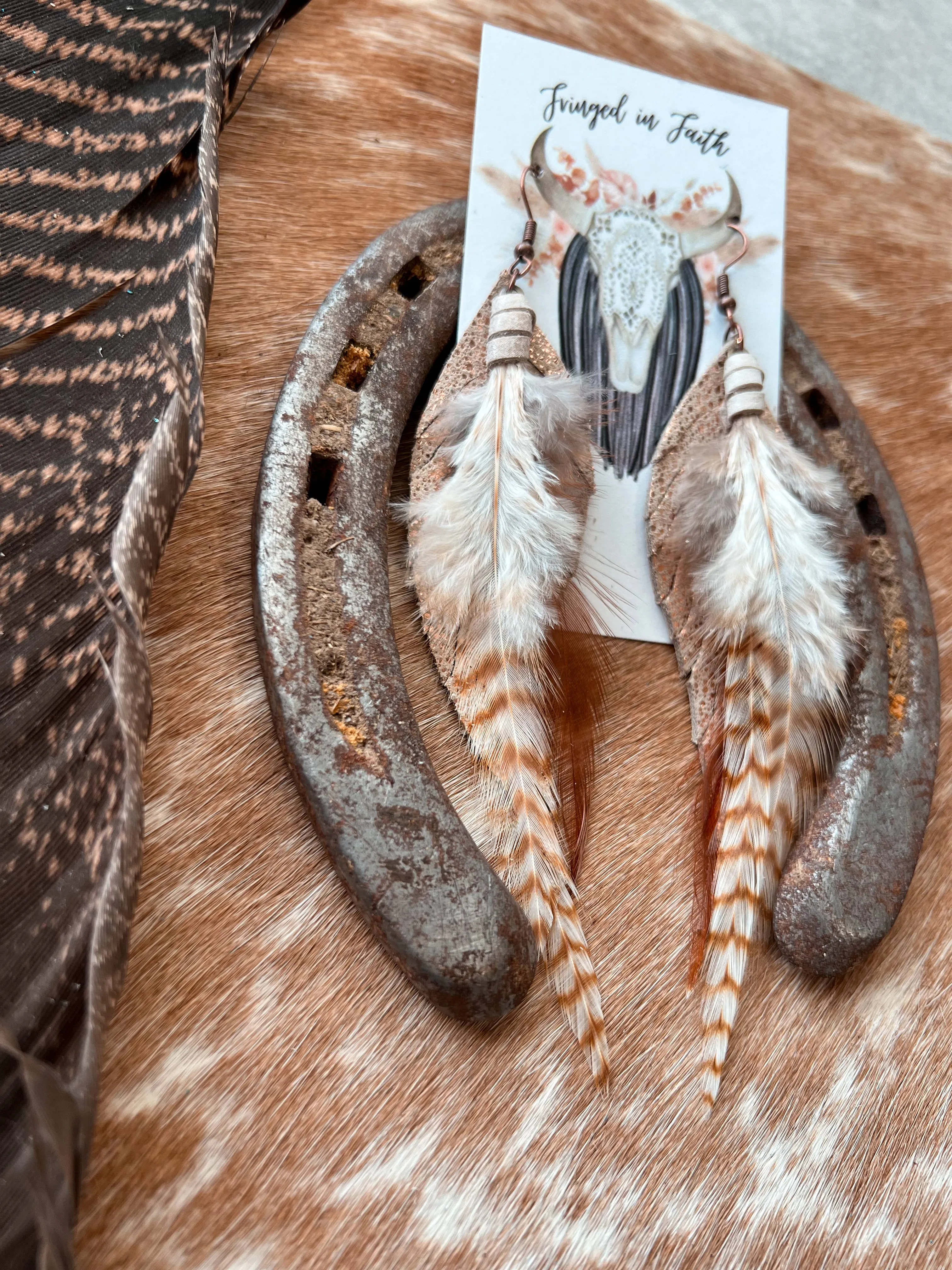 Round Up Feather Earrings (Rose Gold & Brown)