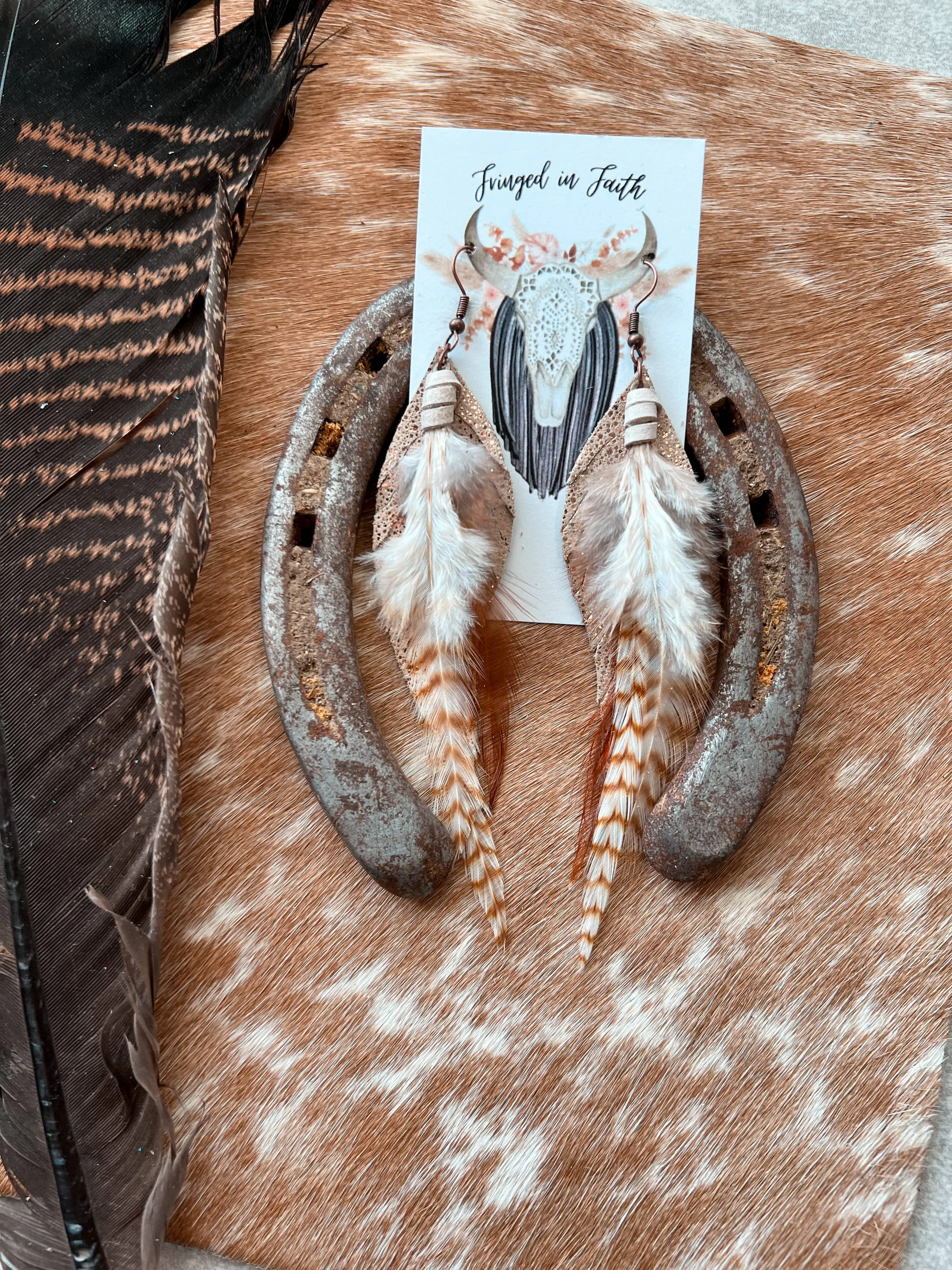 Round Up Feather Earrings (Rose Gold & Brown)