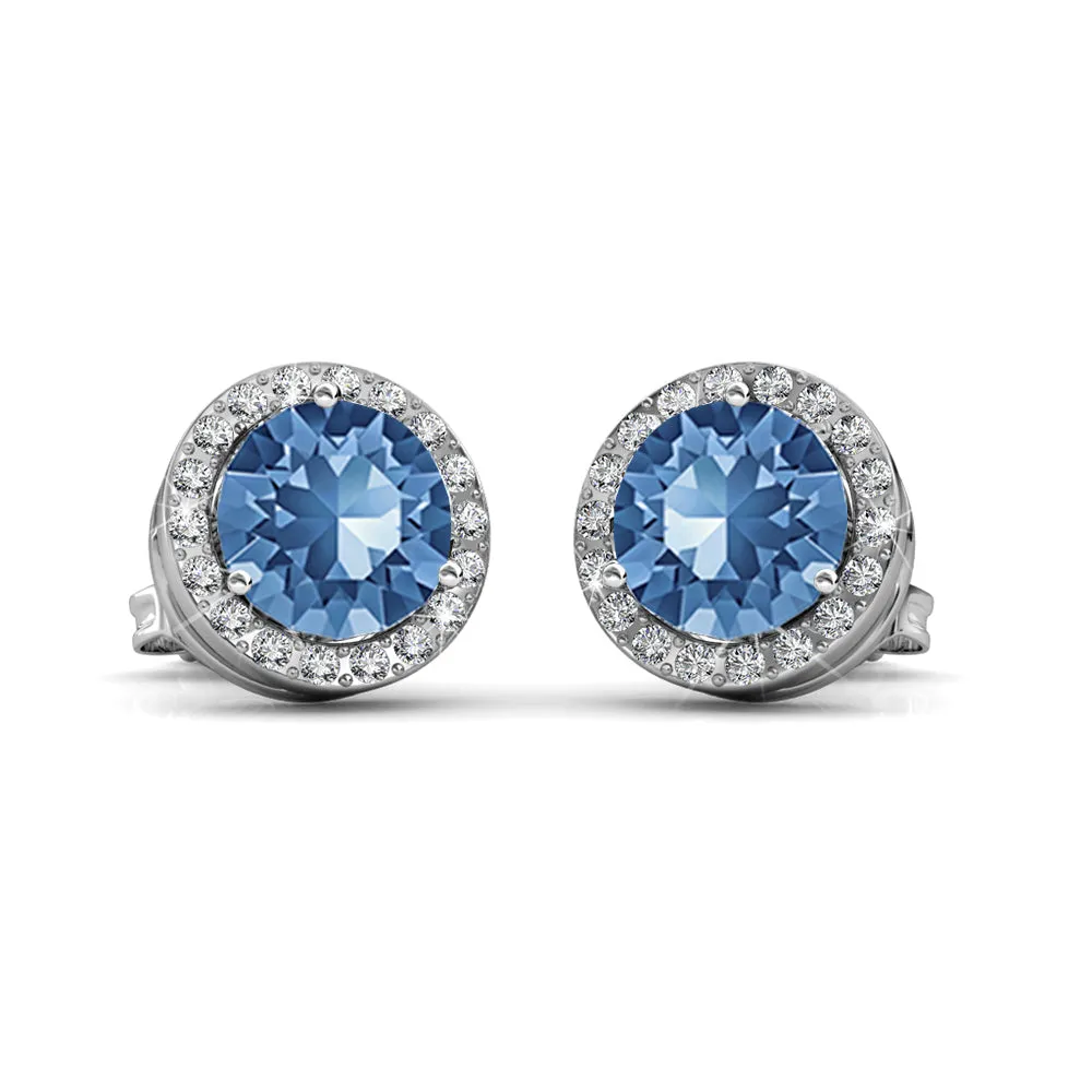 Royal December Birthstone Blue Topaz Earrings, 18k White Gold Plated Silver Halo Earrings with Round Cut Crystals