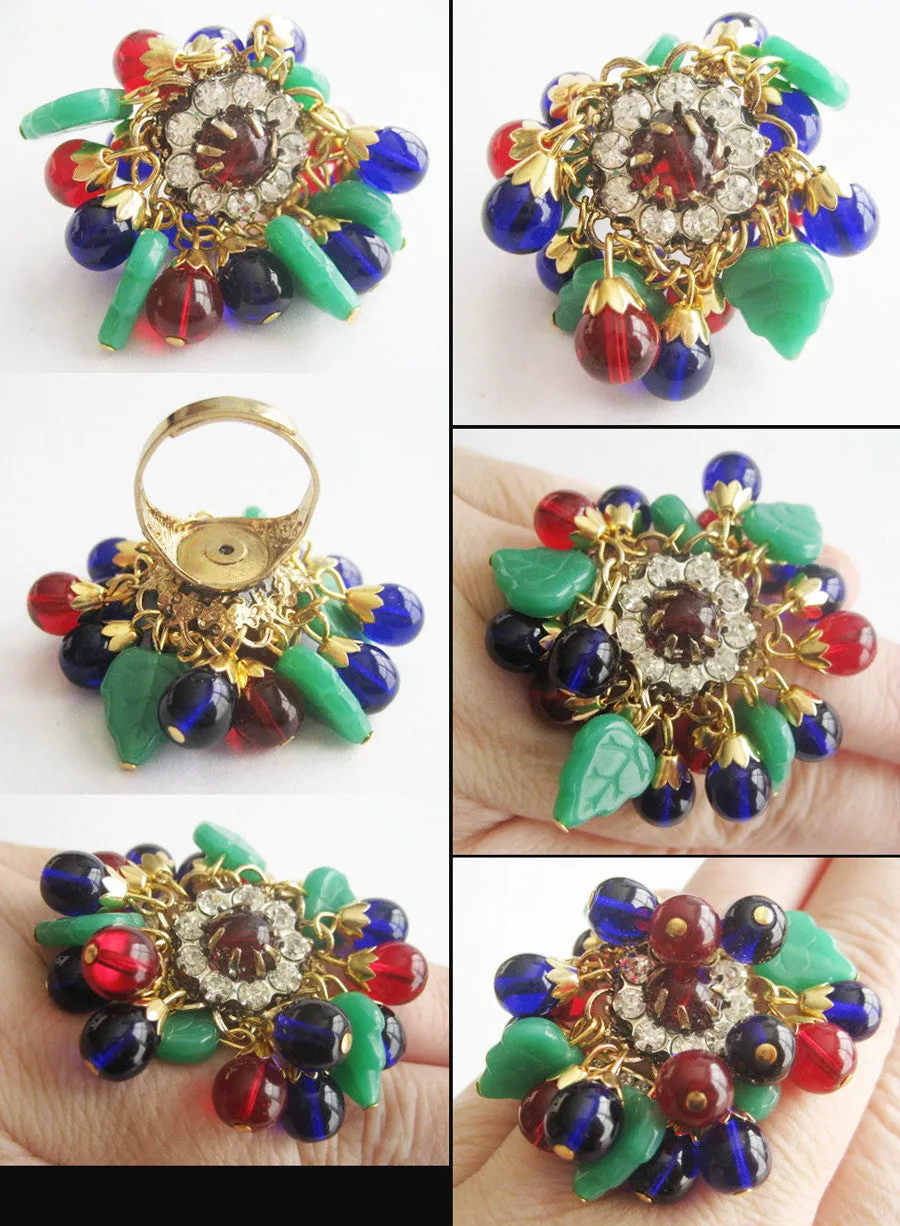 Ruby Red & Cobalt Blue Bead with Jade Glass Leaves Gypsy Ring