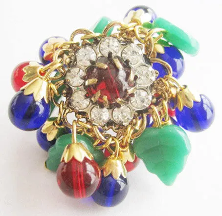 Ruby Red & Cobalt Blue Bead with Jade Glass Leaves Gypsy Ring