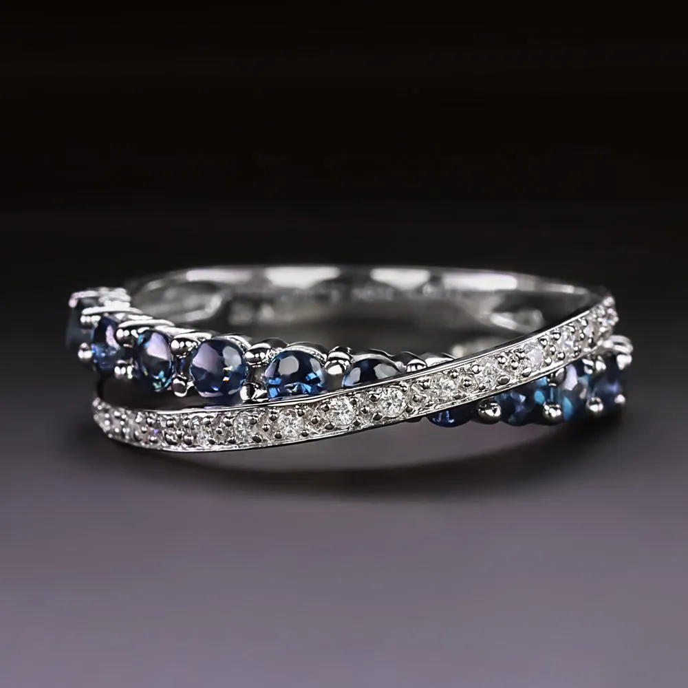 SAPPHIRE DIAMOND COCKTAIL RING CRISS CROSS STACKING BAND NATURAL 14k WHITE GOLD