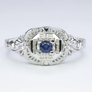 SAPPHIRE STERLING SILVER VINTAGE STYLE COCKTAIL RING FILIGREE DAINTY ROUND BLUE