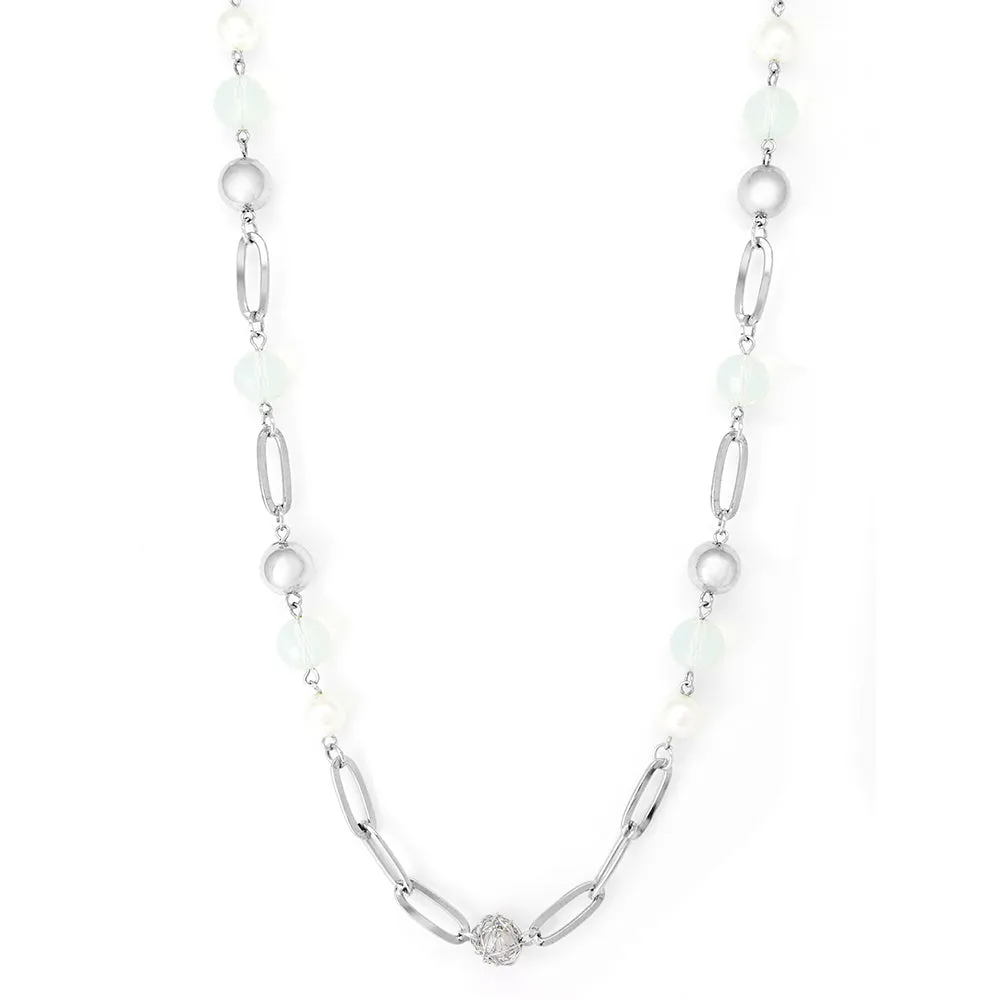 Silver tone long necklace with pearl and silver beads