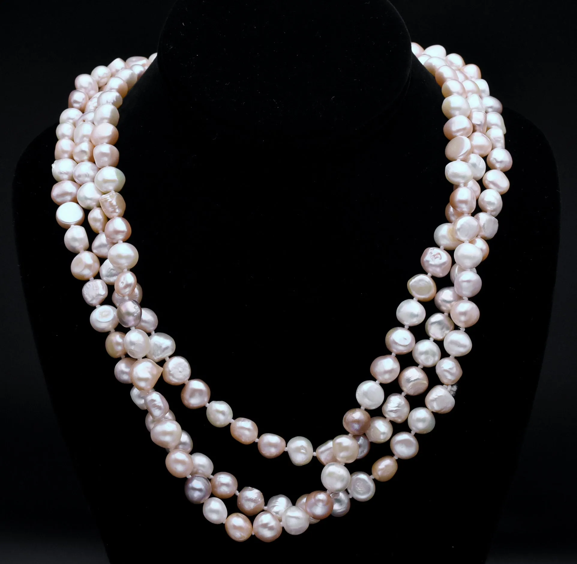 Single Strand Rope Necklace of Semi-Baroque Variety Colors Cultured Pearls - 63"