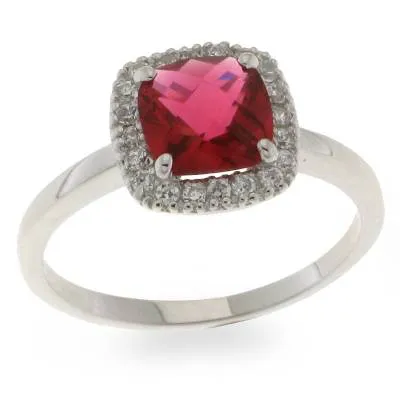 Sterling Silver Cushion Cut Ruby CZ Halo Ring