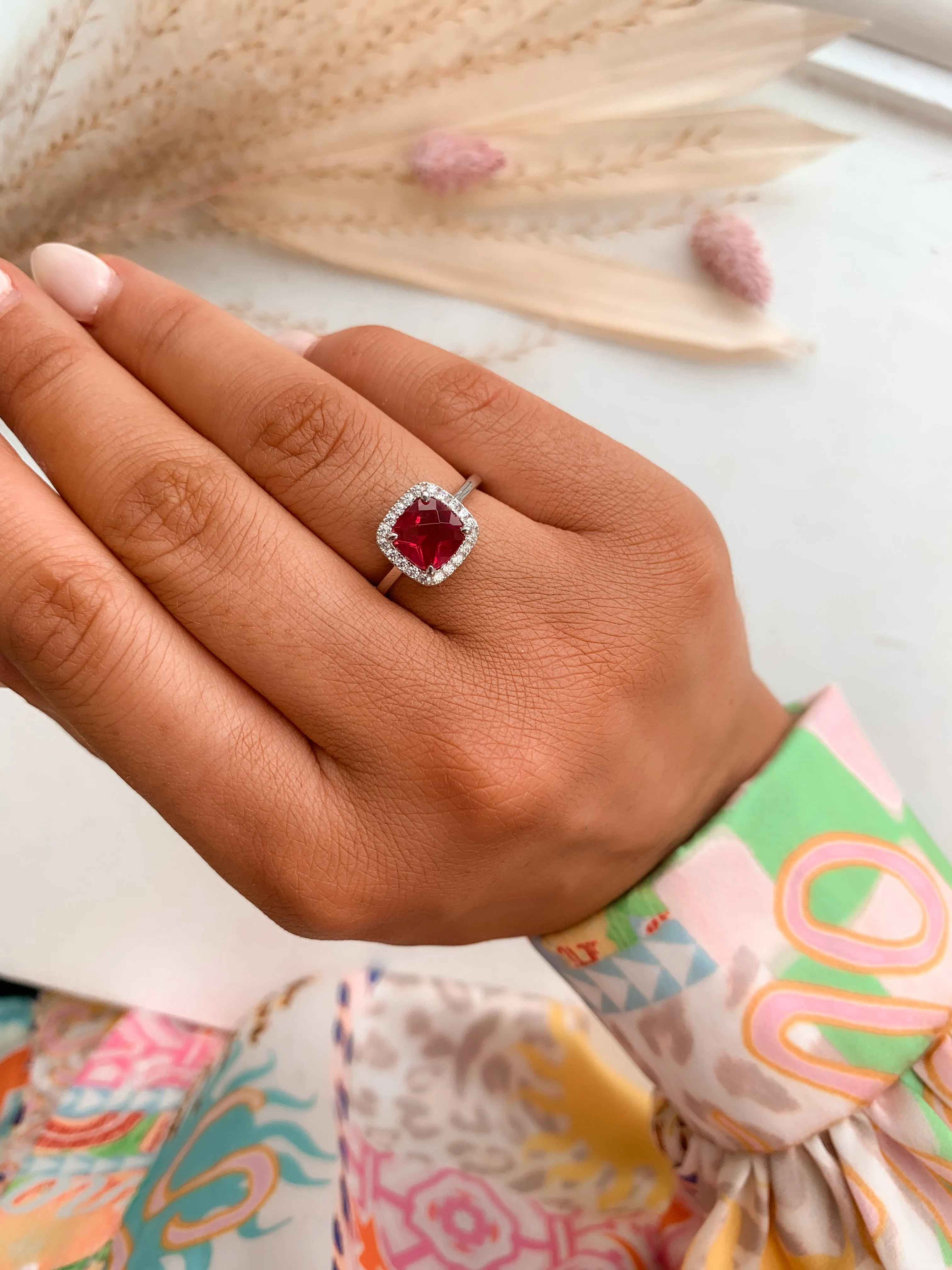 Sterling Silver Cushion Cut Ruby CZ Halo Ring